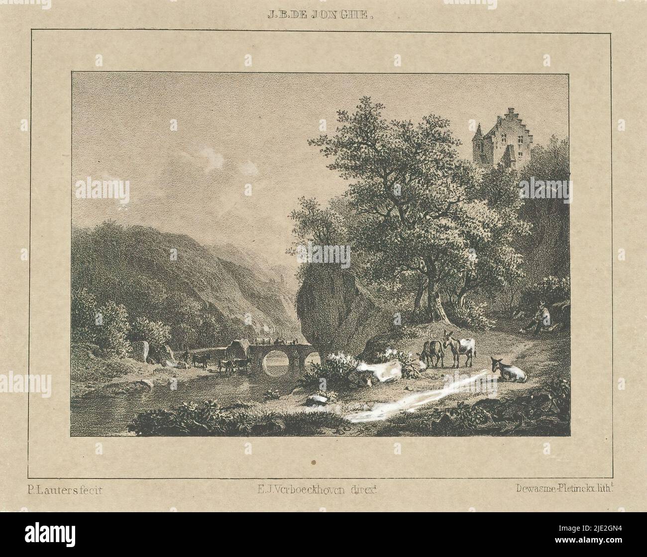 Landscape, Stampa da album con dodici prime litografie prodotte dalla ditta Dewasme-Pletinckx a Bruxelles dopo J.C. Schotel, E.J. Verboeckhoven, B.J. van Hove e altri maestri contemporanei in rilegatura originale., tipografo: Paulus Lauters, (menzionato sull'oggetto), tipografo: Antoine Dewasme-Plétinckx, (menzionato sull'oggetto), dopo la pittura di: Jan Baptiste De Jonghe, (menzionato sull'oggetto), c. 1830, carta, altezza 198 mm x larghezza 253 mm Foto Stock