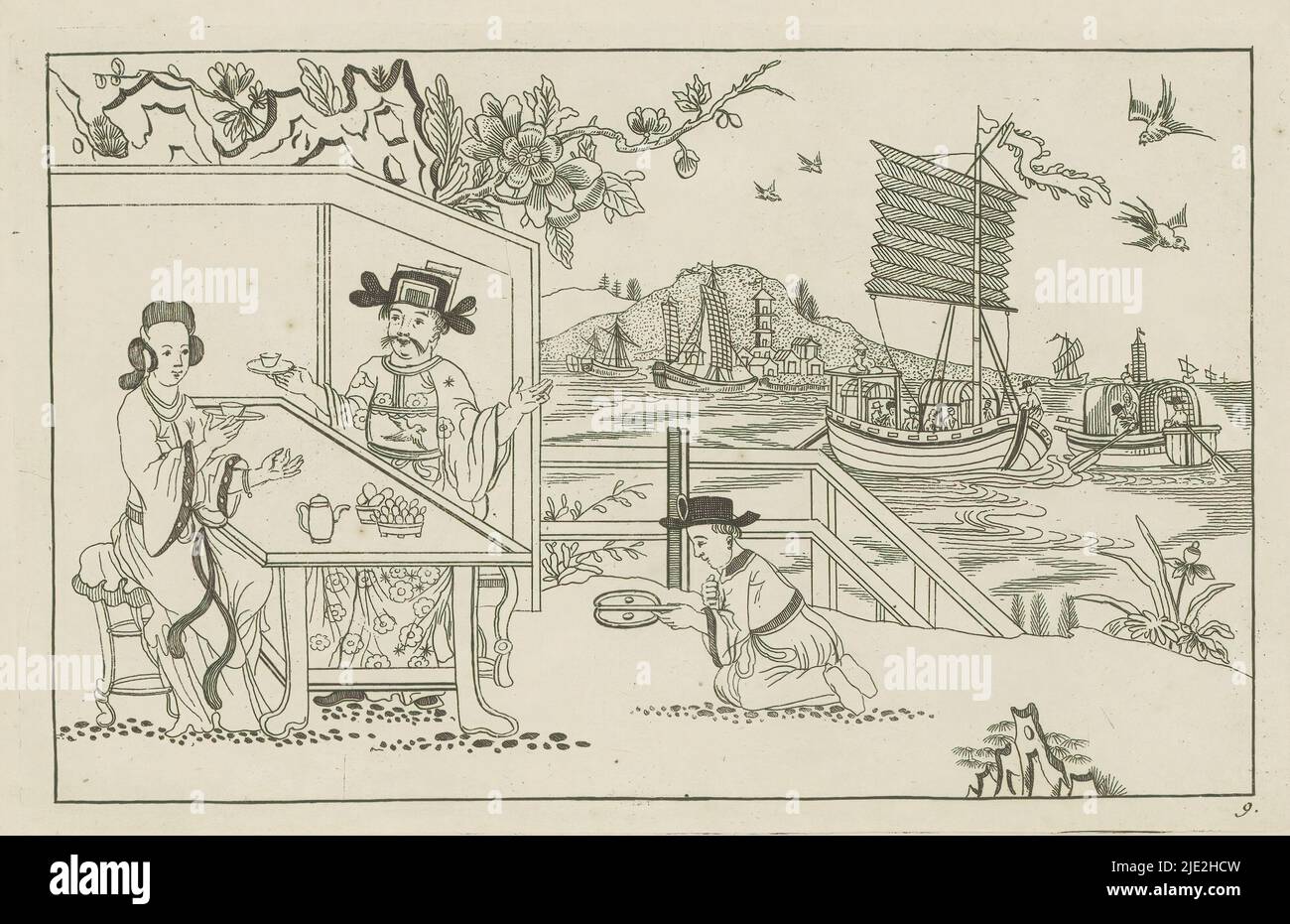 Paesaggio con un uomo e una donna che beve il tè, New invented Sineesen, ha incontrato groote moeyte geteekent en in 't ligt gegeven, porta P: Schenk Jun (...), prima parte (titolo della serie), Paesaggio con a sinistra un uomo e una donna che beve il tè ad un tavolo. A sinistra un servo inginocchiato. Nello sfondo navi sull'acqua. La stampa fa parte di un album., stampatore: Pieter Schenk (II), dopo disegno di: Pieter Schenk (II), editore: Pieter Schenk (II), Amsterdam, 1727 - 1775, carta, incisione, altezza 166 mm x larghezza 261 mm Foto Stock
