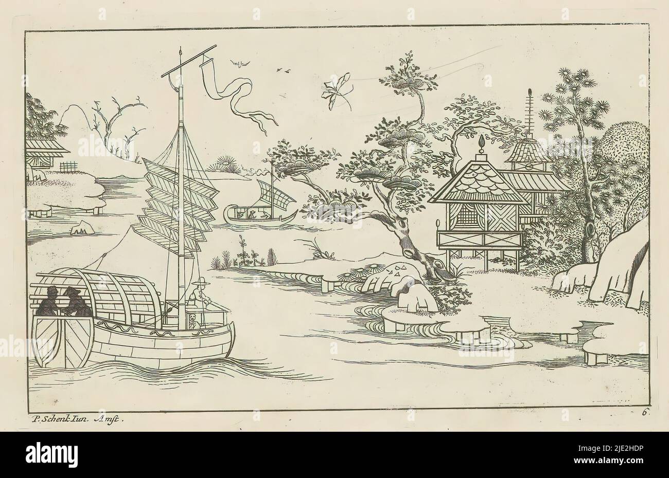 Paesaggio cinese con navi a vela su un fiume, Nieuwe geinventeerde Sineesen, Met groote moeyte geteekent en in 't ligt gegeven, porta P: Schenk Jun (...), prima parte (titolo della serie), paesaggio cinese con due navi a vela su un fiume. Sulla destra un edificio sulla banca. La stampa fa parte di un album., stampatore: Pieter Schenk (II), dopo disegno di: Pieter Schenk (II), editore: Pieter Schenk (II), (menzionato sull'oggetto), Amsterdam, 1727 - 1775, carta, incisione, altezza 172 mm x larghezza 266 mm Foto Stock