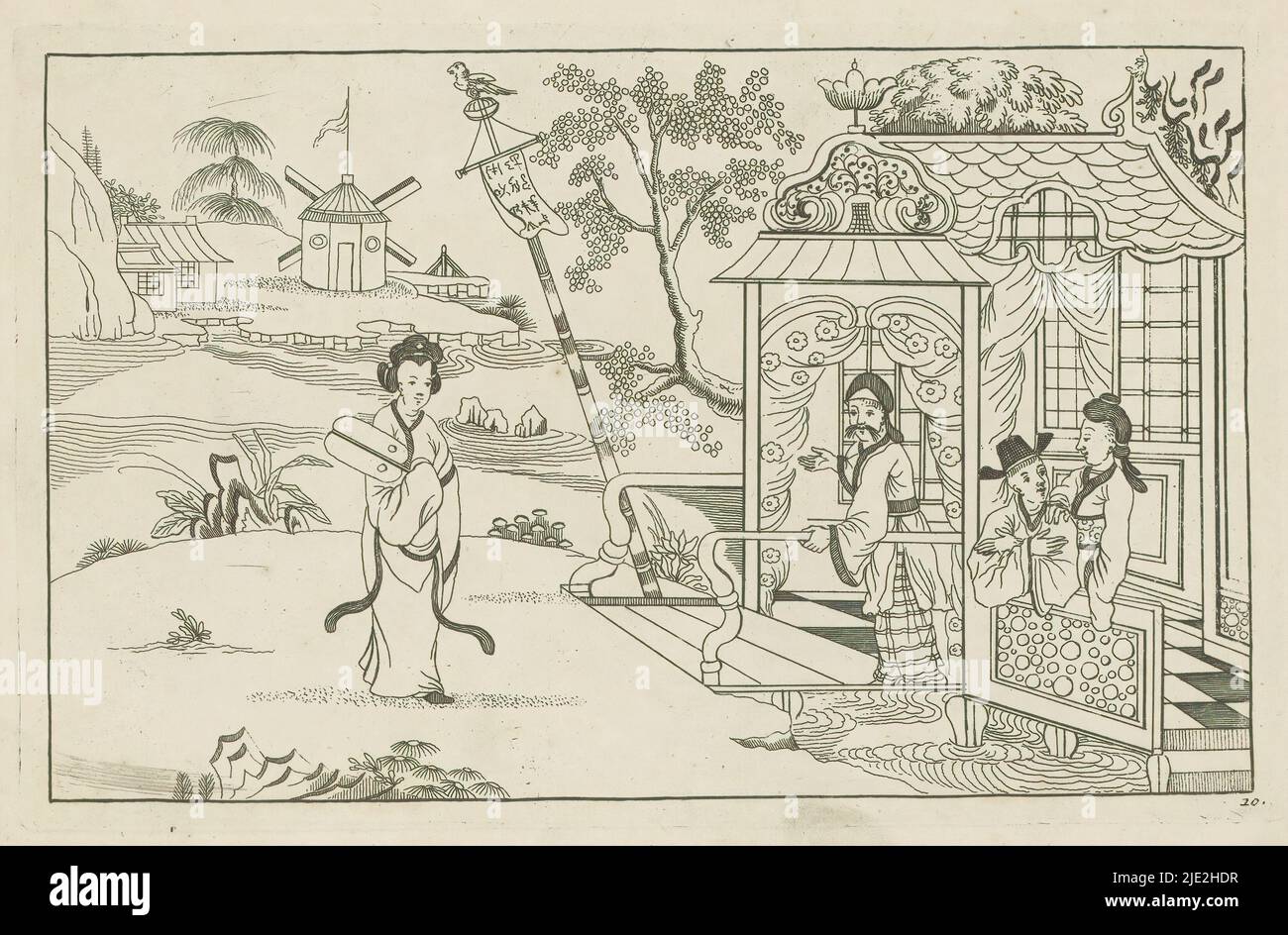 Paesaggio con una signora cinese, Nieuwe geinventeerde Sineesen, ha incontrato groote moeyte geteekent en in 't ligt gegeven, porta P: Schenk Jun (...), prima parte (titolo della serie), signora cinese si alza a sinistra con un ventilatore nelle sue mani in un paesaggio. A destra, tre figure in un edificio su palafitte in acqua. La stampa fa parte di un album., stampatore: Pieter Schenk (II), dopo disegno di: Pieter Schenk (II), editore: Pieter Schenk (II), Amsterdam, 1727 - 1775, carta, incisione, altezza 167 mm x larghezza 260 mm Foto Stock