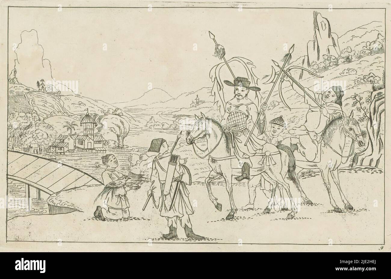 Cacciatori in un paesaggio, scene di caccia cinese (titolo della serie), Nieuwe geinventeerde Sineesen, Met groote moeyte geteekent en in 't ligt gegeven, porta P: Schenk Jun (...), terza parte (titolo della serie), paesaggio cinese con un gruppo di cacciatori. Un ricco Signore siede su un cavallo con una lancia in mano. A sinistra una figura inginocchiata con due uccelli. La stampa fa parte di un album., stampatore: Pieter Schenk (II), dopo disegno di: Pieter Schenk (II), editore: Pieter Schenk (II), Amsterdam, 1727 - 1775, carta, incisione, altezza 161 mm x larghezza 255 mm Foto Stock