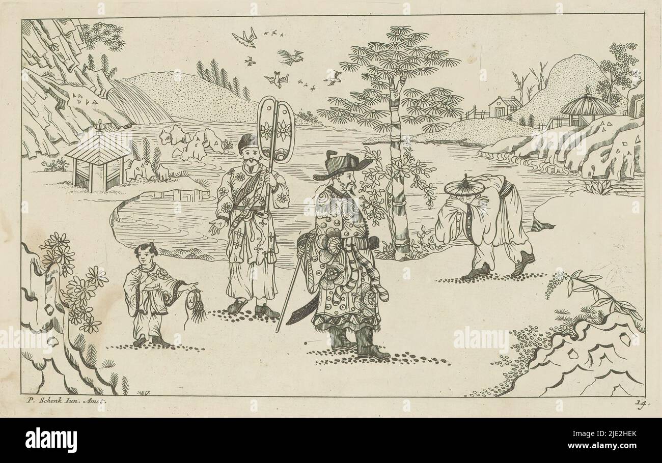 Quattro figure cinesi in un paesaggio, Nieuwe geinventeerde Sineesen ha incontrato groote moeyte geteekent en in 't ligt gegeven, porta P. Schenk Jun (...), seconda parte (titolo della serie), quattro figure cinesi in un paesaggio con l'acqua sullo sfondo. Sulla sinistra un bambino. Al centro due uomini cinesi riccamente vestiti. Sulla destra un uomo che si inchinava. La stampa fa parte di un album., stampatore: Pieter Schenk (II), dopo disegno di: Pieter Schenk (II), editore: Pieter Schenk (II), (menzionato sull'oggetto), Amsterdam, 1727 - 1775, carta, incisione, altezza 165 mm x larghezza 265 mm Foto Stock