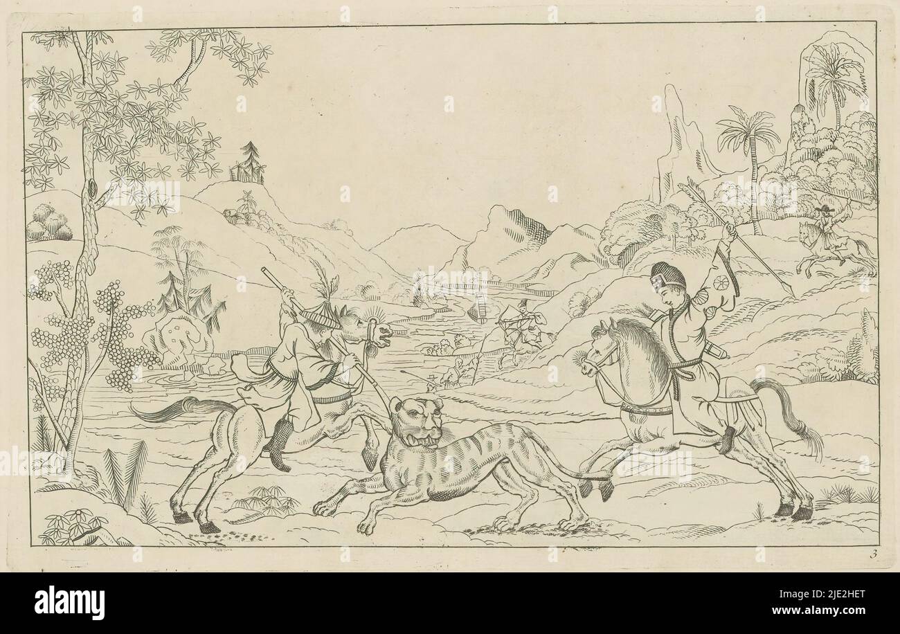 Paesaggio con la caccia per una tigre, scene di caccia cinese (titolo della serie), Nieuwe geinventeerde Sineesen, Met groote moeyte geteekent en in 't ligt gegeven, porta P: Schenk Jun (...), terza parte (titolo della serie), due uomini cinesi a cavallo stanno cacciando una tigre o pantera. La stampa fa parte di un album., stampatore: Pieter Schenk (II), dopo disegno di: Pieter Schenk (II), editore: Pieter Schenk (II), Amsterdam, 1727 - 1775, carta, incisione, altezza 161 mm x larghezza 255 mm Foto Stock