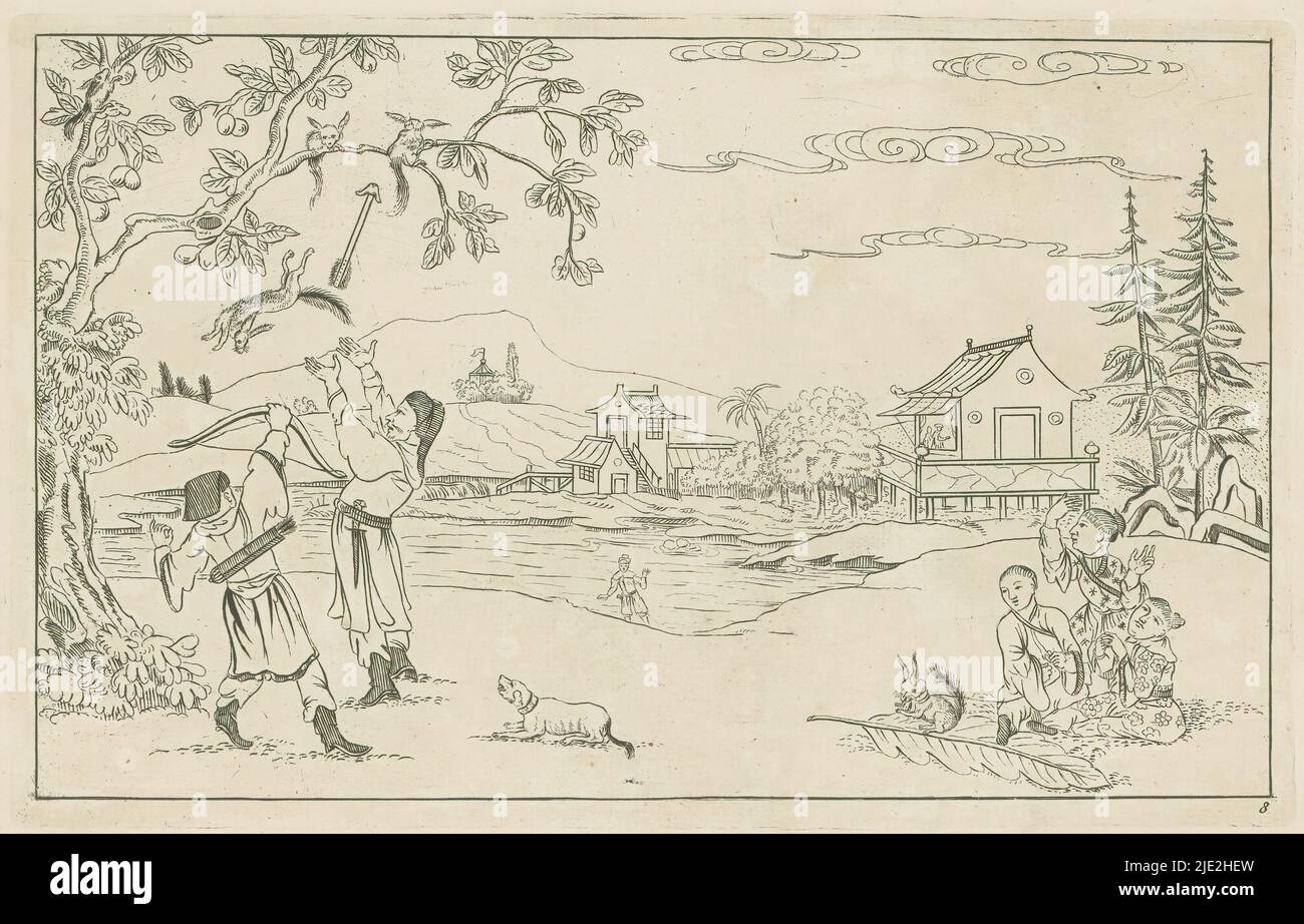 Paesaggio cinese con caccia allo scoiattolo, scene di caccia cinese (titolo della serie), Nieuwe geinventeerde Sineesen, Met groote moeyte geteekent en in 't ligt gegeven, porta P: Schenk Jun (...), terza parte (titolo della serie), paesaggio cinese con uomini caccia scoiattoli. La stampa fa parte di un album., stampatore: Pieter Schenk (II), dopo disegno di: Pieter Schenk (II), editore: Pieter Schenk (II), Amsterdam, 1727 - 1775, carta, incisione, altezza 162 mm x larghezza 255 mm Foto Stock