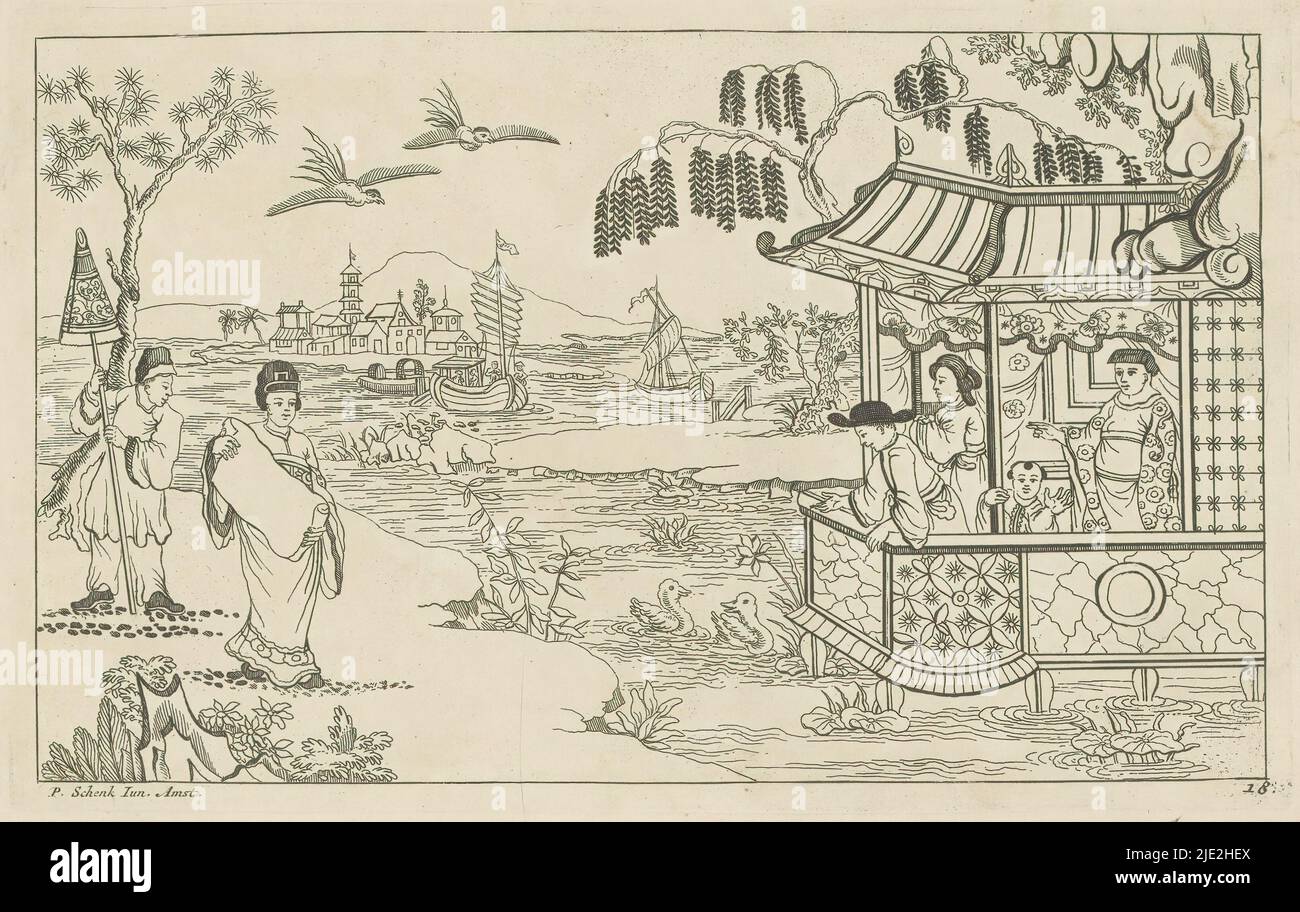 Signora cinese con documento in paesaggio, Nieuwe geinventeerde Sineesen ha incontrato groote moeyte geteekent en in 't ligt gegeven, porta P. Schenk Jun (...), seconda parte (titolo della serie), Una signora cinese si trova a sinistra con un documento nelle sue mani in un paesaggio. Dietro di lei una serva con ombrellone. Sulla destra quattro figure in un edificio su palafitte in acqua. Navi in background. La stampa fa parte di un album., stampatore: Pieter Schenk (II), dopo disegno di: Pieter Schenk (II), editore: Pieter Schenk (II), (menzionato sull'oggetto), Amsterdam, 1727 - 1775, carta, incisione, altezza 164 mm x larghezza 262 mm Foto Stock