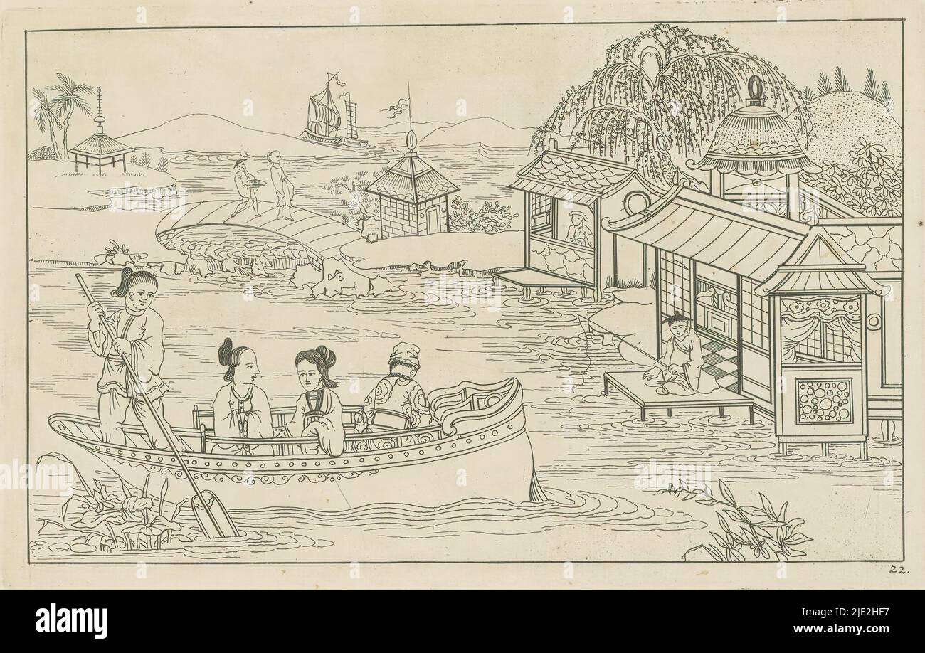 Paesaggio fluviale cinese con quattro figure in una barca, Nieuwe geinventeerde Sineesen incontrato groote moeyte geteekent en in 't ligt gegeven, porta P. Schenk Jun (...), seconda parte (titolo della serie), paesaggio fluviale cinese con quattro figure in una barca. Sulla destra un pescatore su un molo. La stampa fa parte di un album., stampatore: Pieter Schenk (II), dopo disegno di: Pieter Schenk (II), editore: Pieter Schenk (II), Amsterdam, 1727 - 1775, carta, incisione, altezza 167 mm x larghezza 265 mm Foto Stock