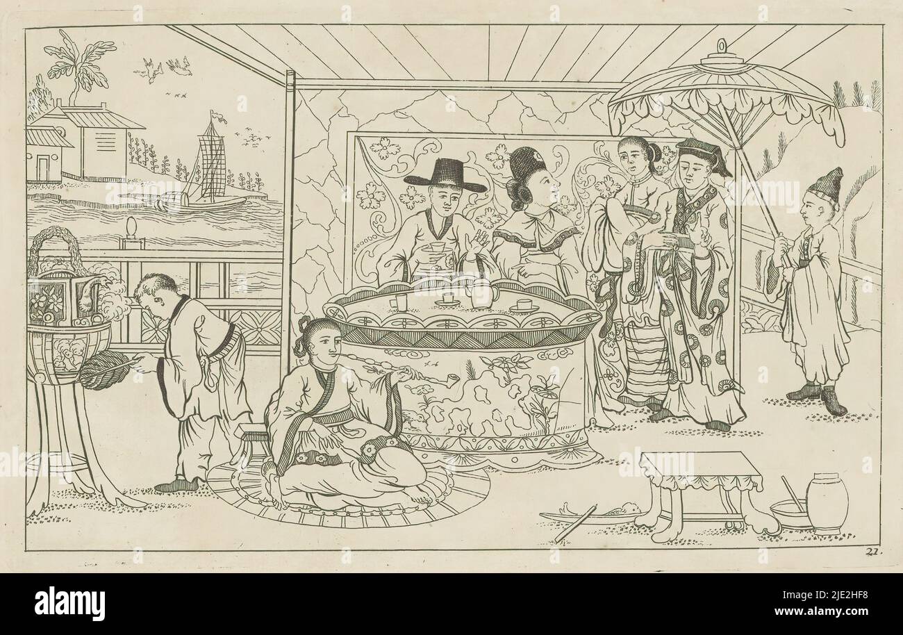 Figure cinesi intorno ad un tavolo da tè, Nieuwe geinventeerde Sineesen ha incontrato groote moeyte geteekent en in 't ligt gegeven, porta P. Schenk Jun (...), seconda parte (titolo della serie), quattro figure cinesi intorno ad un tavolo con servizio di tè. A destra un servo con ombrellone. In primo piano un uomo seduto sul pavimento fumando un tubo. La stampa fa parte di un album., stampatore: Pieter Schenk (II), dopo disegno di: Pieter Schenk (II), editore: Pieter Schenk (II), Amsterdam, 1727 - 1775, carta, incisione, altezza 164 mm x larghezza 262 mm Foto Stock