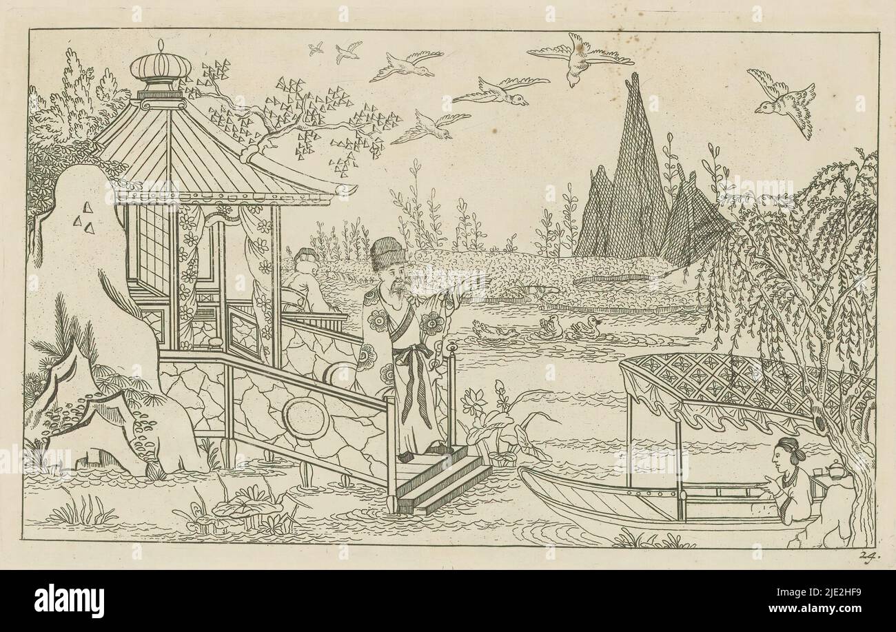 Gentleman cinese su un molo vicino all'acqua, Nieuwe geinventeerde Sineesen Met groote moeyte geteekent en in 't ligt gegeven, porta P. Schenk Jun (...), seconda parte (titolo della serie), Un gentleman cinese si erge su un molo di fronte ad un padiglione vicino all'acqua. A destra si avvicina una barca con un baldacchino. La stampa fa parte di un album., stampatore: Pieter Schenk (II), dopo disegno di: Pieter Schenk (II), editore: Pieter Schenk (II), Amsterdam, 1727 - 1775, carta, incisione, altezza 163 mm x larghezza 261 mm Foto Stock
