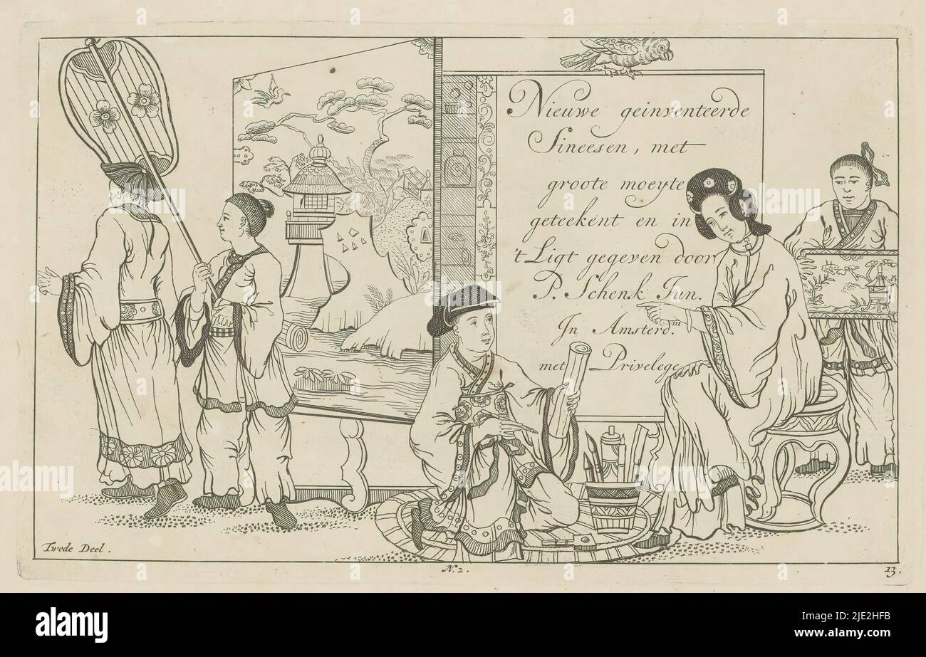 Il disegnatore cinese ed altre figure cinesi, Nieuwe geinventeerde Sineesen ha incontrato groote moeyte geteekent en in 't ligt gegeven, porta P. Schenk Jun (...), seconda parte (titolo della serie sull'oggetto), Un disegnatore cinese si inginocchiò a terra con una penna e un rotolo di carta nelle sue mani. Di fronte a lui, una donna cinese siede su uno sgabello. Numerato in basso al centro: 2. La stampa fa parte di un album., stampatore: Pieter Schenk (II), (menzionato sull'oggetto), dopo disegno di: Pieter Schenk (II), (menzionato sull'oggetto), editore: Pieter Schenk (II), (menzionato sull'oggetto), Amsterdam, 1727 - 1775, carta, incisione, altezza Foto Stock