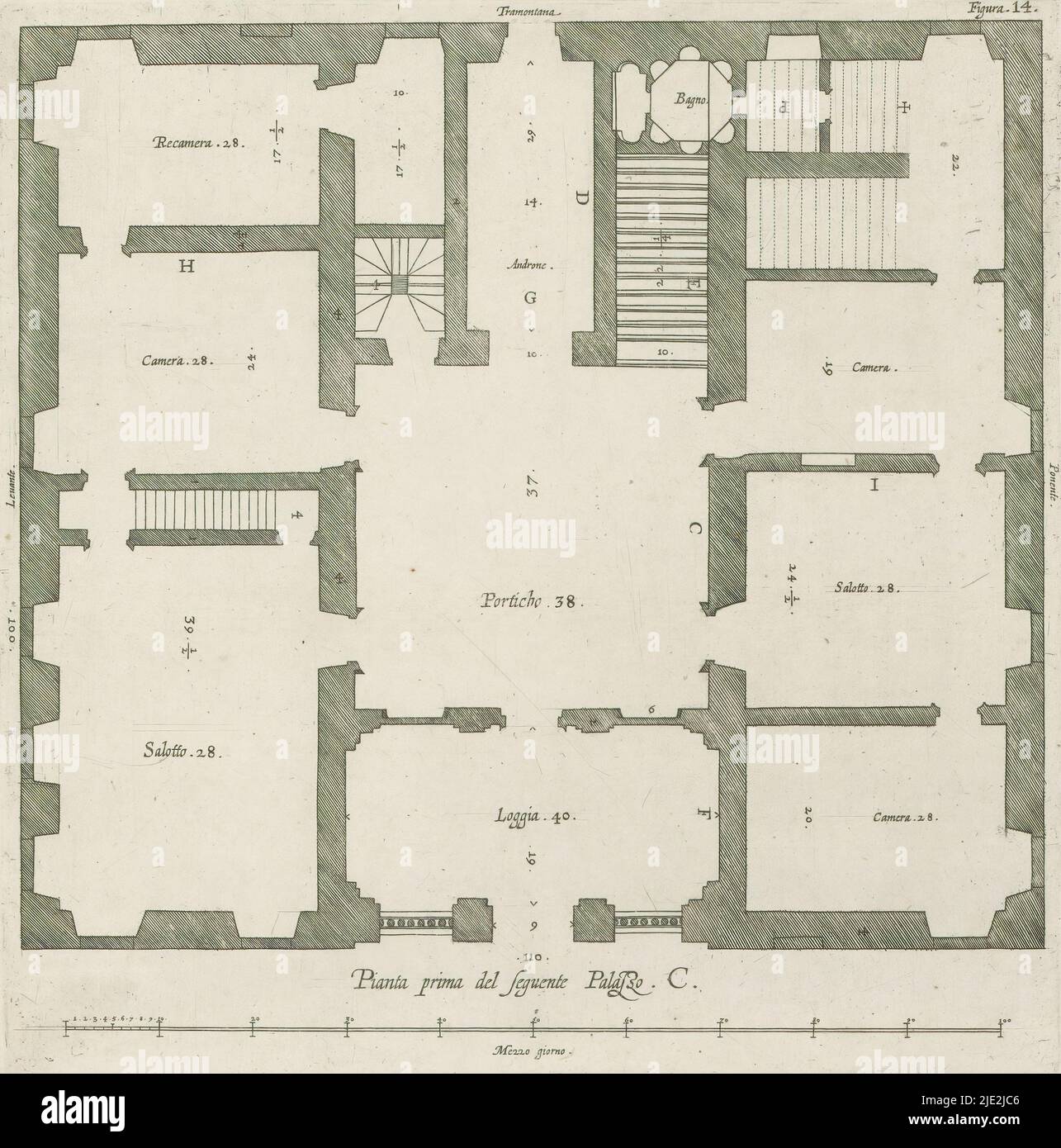 Mappa del primo piano della Villa Spinola di San Pietro a Genova, Pianta prima del seguente Palazzo. C. (titolo su oggetto), questa stampa fa parte di un album., creatore di stampa: Nicolaes Ryckmans, editore: Peter Paul Rubens, Spaanse kroon, Antwerp, 1622, carta, incisione, altezza 253 mm x larghezza 249 mm, altezza 583 mm x larghezza 435 mm Foto Stock