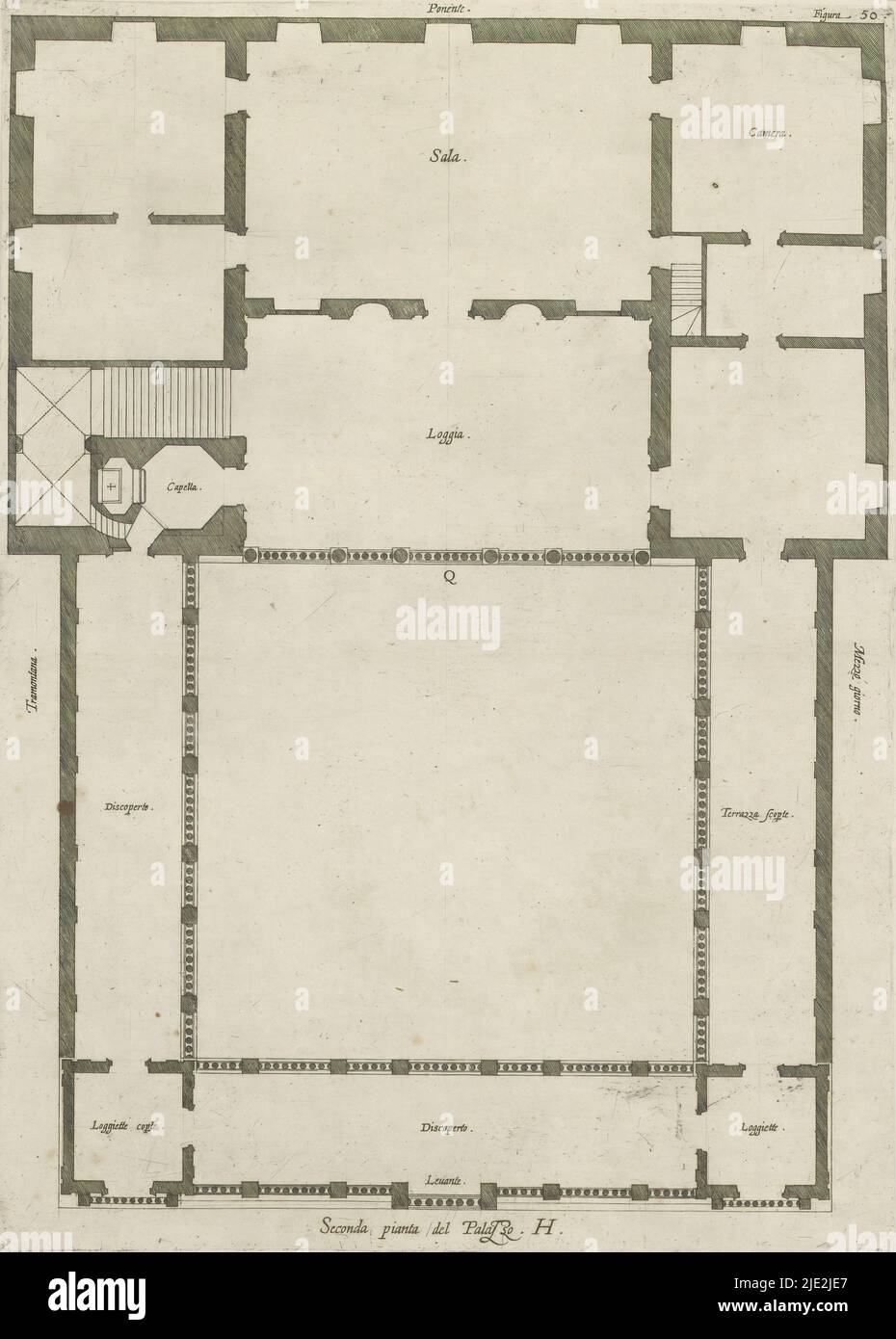 Pianta del secondo piano della Villa Grimaldi-Sauli a Genova, Seconda pianta del Palazzo. H (titolo su oggetto), questa stampa fa parte di un album., creatore di stampa: Nicolaes Ryckmans, editore: Peter Paul Rubens, Spaanse kroon, Antwerp, 1622, carta, incisione, altezza 384 mm x larghezza 275 mm, altezza 583 mm x larghezza 435 mm Foto Stock