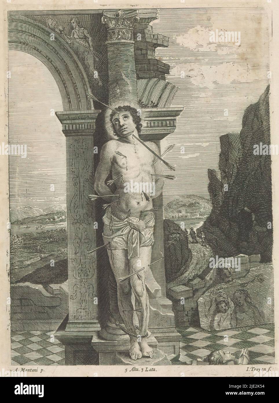 Martirio di San Sebastiano, San Sebastiano è legato alla colonna di un arco in rovina. Il suo corpo è trafitto da frecce. Sullo sfondo un paesaggio montano. Questa stampa fa parte di un album., print maker: Jan van Troyen, (menzionato sull'oggetto), dopo la pittura di: David Teniers (II), dopo la pittura di: Andrea Mantegna, (menzionato sull'oggetto), print maker: Southern Netherlands, (possibilmente), dopo la pittura di: Southern Netherlands, dopo la pittura di: Italia, editore: Bruxelles, 1660, carta, incisione, incisione, altezza 230 mm x larghezza 166 mm Foto Stock