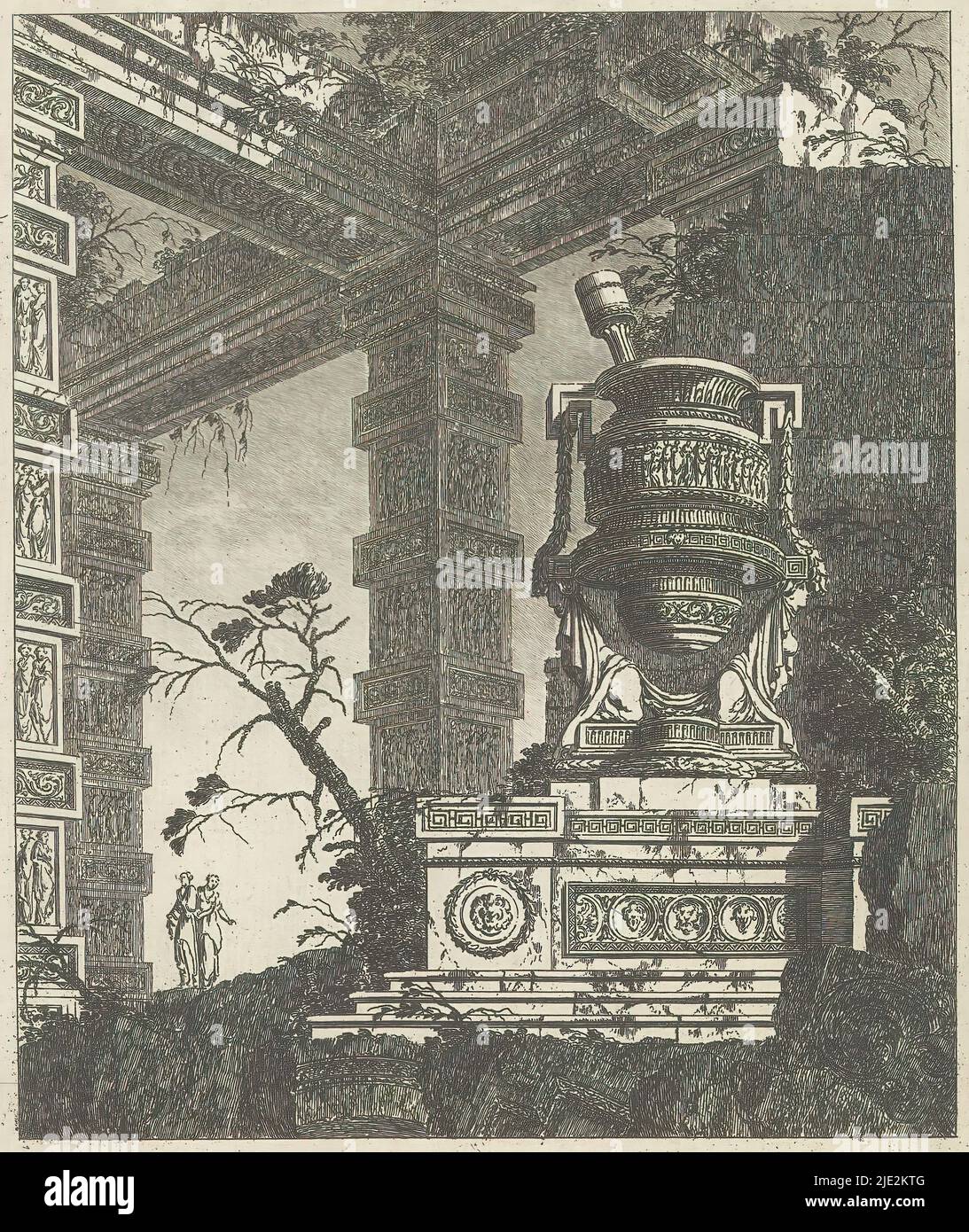 Rovine con vaso, rovina con vaso e altri resti antichi. Due figure in piedi sulla sinistra. Numerato in uno stato successivo: 21. Parte del gruppo di stampe prese da una delle quattro serie di vasi, rovine, tombe e fontane per un totale di circa 25 fogli., tipografo: Jean Laurent Legeay, (menzionato sull'oggetto), dopo proprio disegno di: Jean Laurent Legeay, (menzionato sull'oggetto), Francia, 1767 - 1770, carta, incisione, altezza 195 mm x larghezza 165 mm Foto Stock