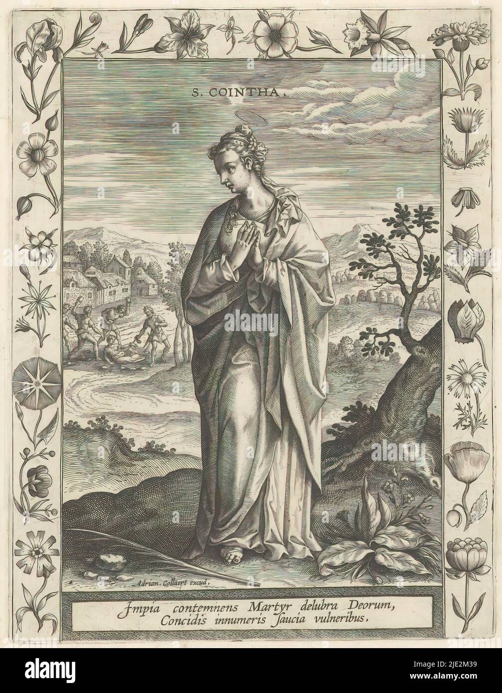 San Cointha, San Cointha. Parte di una serie di 24 rappresentazioni di martiri femminili (martirologia). Le rappresentazioni hanno confini con fiori e animali, tipografia: Adriaen Collaert, Margaretha van Oostenrijk (koningin van Spanje), Adriaen Collaert, Anversa, c. 1590 - c. 1610, carta, incisione, altezza 196 mm x larghezza 150 mm Foto Stock