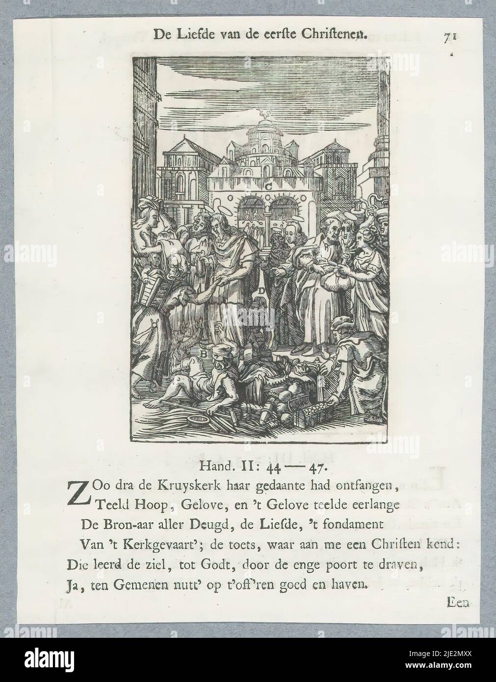 La fede nella comunità della Chiesa cristiana, l'amore dei primi cristiani (titolo sull'oggetto), il nono articolo della fede: La fede nella comunità della Chiesa cristiana. Gli apostoli guariscono i malati e si impegnano nella carità. Ricevono doni e li distribuiscono tra i fedeli secondo necessità. Vari elementi della scena sono accompagnati da lettere. Sopra l'immagine è presente un titolo. Di seguito sono riportati sei versi e un riferimento agli atti 2: 44-47. La stampa fa parte di un album., stampatore: Christoffel van Sichem (II), (menzionato sull'oggetto), stampatore: Christoffel van Sichem (III), (menzionato sull'oggetto), dopo la stampa Foto Stock