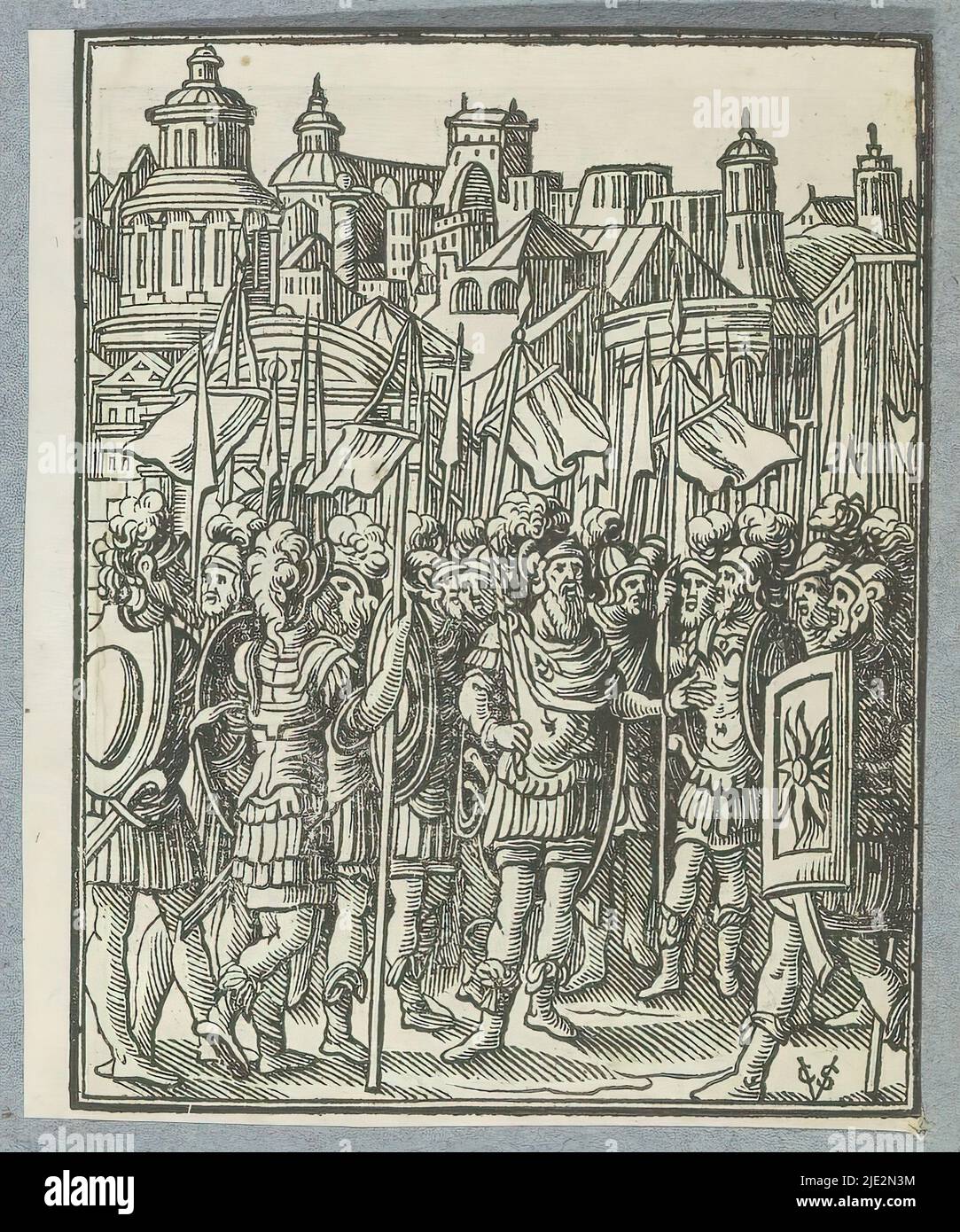 Guerrieri prima di una città, Alarm in Giudea e Gerusalemme, soldati prima di una città. Forse qui inteso come una rappresentazione degli Israeliti che si preparano ad un attacco da parte di Holofernes, il comandante in capo di Nebucadnetsar, re degli Assiri. La stampa fa parte di un album., stampatore: Christoffel van Sichem (II), (menzionato sull'oggetto), stampatore: Christoffel van Sichem (III), (menzionato sull'oggetto), editore: Pieter Jacobsz. Paets, Amsterdam, 1645 - 1646, carta, altezza 112 mm x larghezza 88 mm Foto Stock
