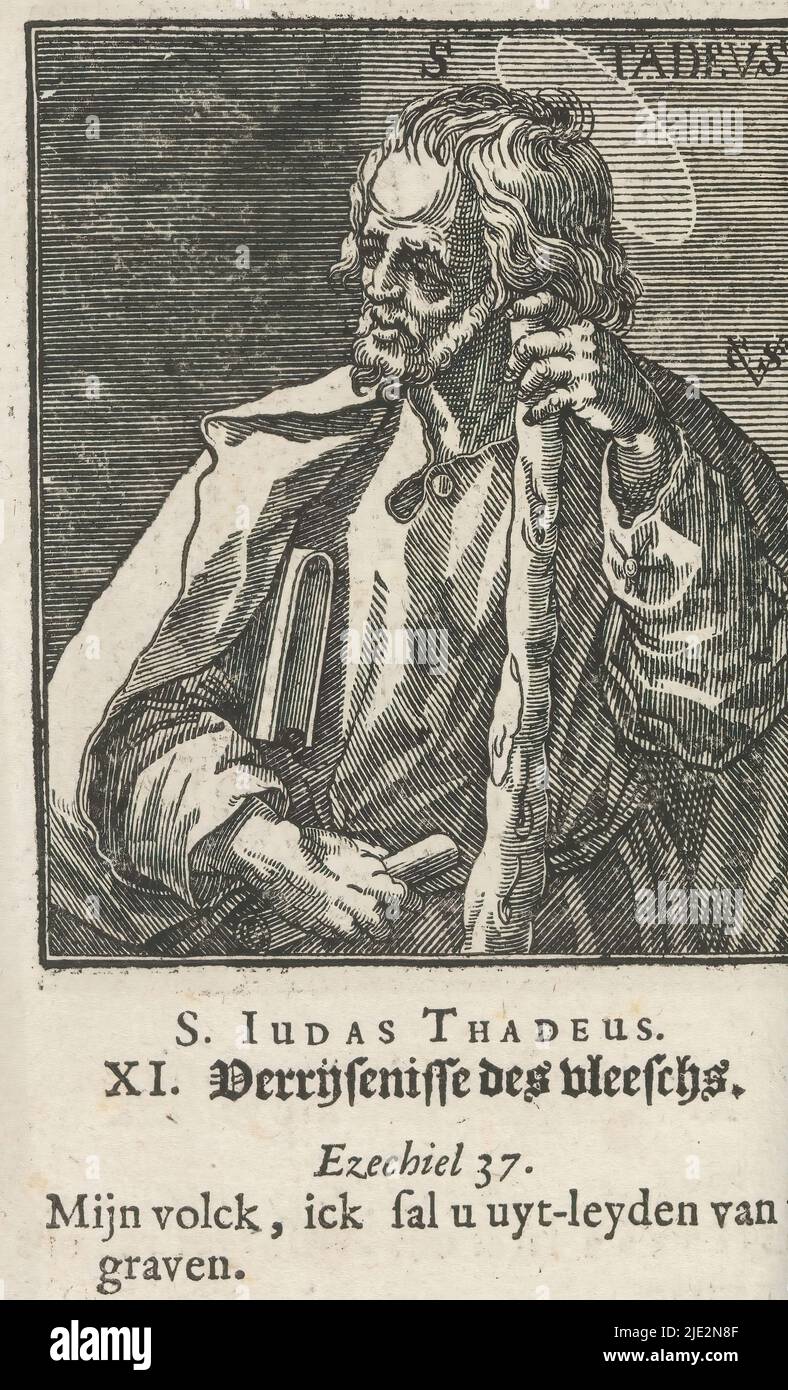 L'apostolo Giuda Taddeo, S. Giuda Taddeo (titolo sull'oggetto), Cristo, Maria e i dodici apostoli (titolo della serie), l'apostolo Giuda Taddeo con libro e club. Sotto l'immagine numerata XI La didascalia è in olandese e comprende una linea del Credo e una linea di Ezechiele 37. La stampa fa parte di un album., stampatore: Christoffel van Sichem (II), (menzionato sull'oggetto), stampatore: Christoffel van Sichem (III), (menzionato sull'oggetto), dopo stampa da: Raphaël Sadeler (i), Amsterdam, in o dopo il 1629 - in o prima del 1646, carta, stampa su carta, altezza 76 mm x larghezza 65 mm, altezza 110 mm x wi Foto Stock