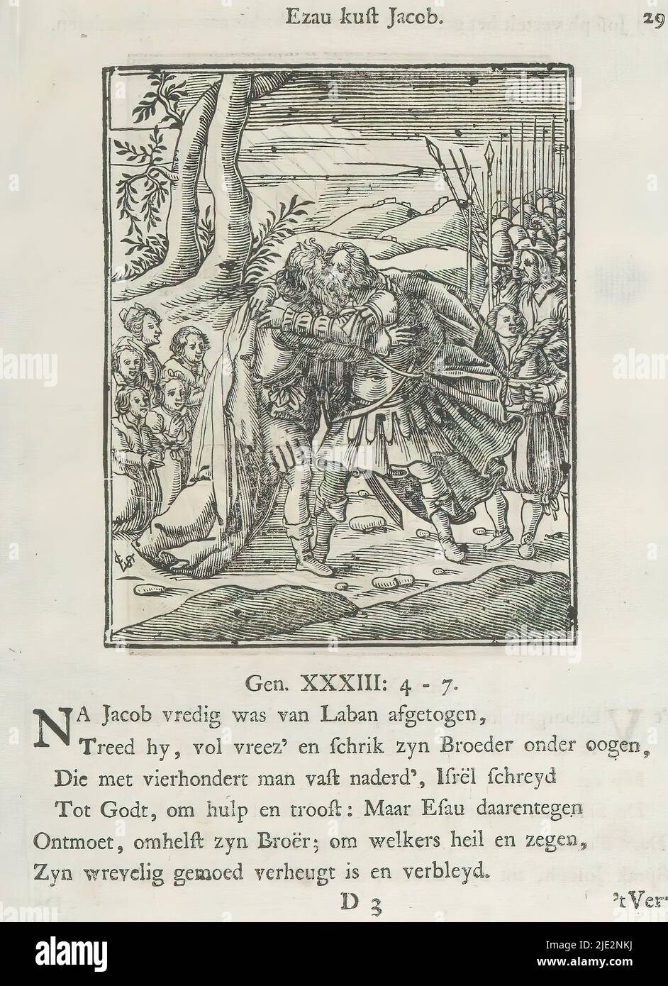 La riconciliazione di Giacobbe ed Esaù bacia Giacobbe (titolo sull'oggetto), Esaù e Giacobbe si abbracciano e decidono di fare la pace. Dietro Giacobbe ci sono le sue mogli e i suoi figli. Dietro Esau si trovano i suoi soldati., stampatore: Christoffel van Sichem (II), (menzionato sull'oggetto), stampatore: Christoffel van Sichem (III), (menzionato sull'oggetto), editore: Jan Klooster, Amsterdam, 1645 - 1646 e/o 1740, carta, stampa su carta, altezza 105 mm x larghezza 86 mm, altezza 169 mm x larghezza 125 mm Foto Stock