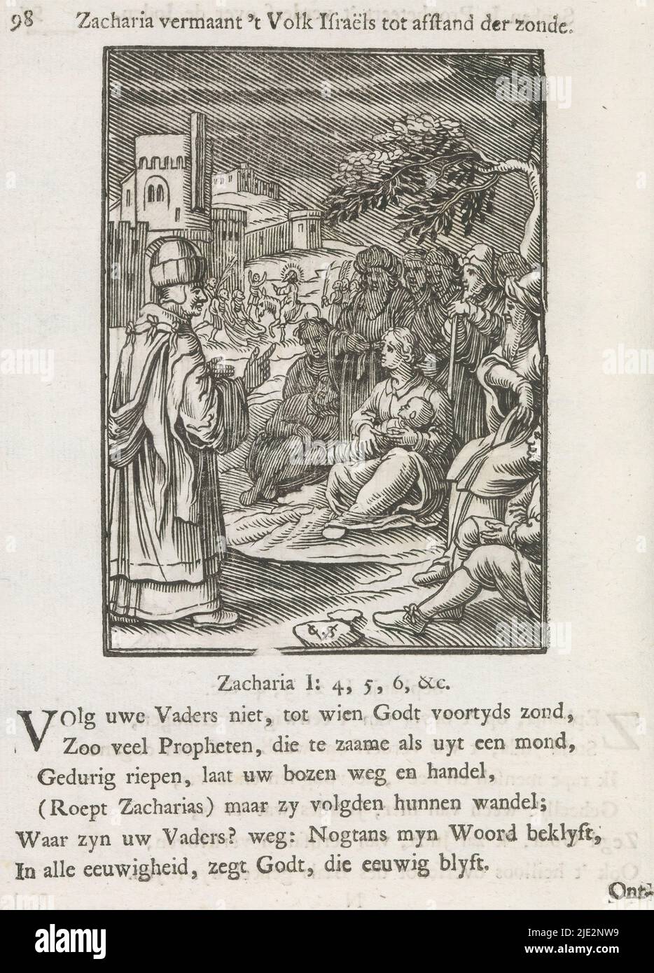 Profezia di Zaccaria, Zaccaria esorta il popolo d'Israele a rinunciare al peccato (titolo sull'oggetto), Zaccaria per ordine del Signore dice al popolo di ritornare a lui. Sullo sfondo la sua profezia dell'ingresso del re a Gerusalemme. Sopra la scena un titolo. Sotto di esso sei versi e un riferimento a Zaccaria 1: 4-6. La stampa fa parte di un album., stampatore: Christoffel van Sichem (II), (menzionato sull'oggetto), stampatore: Christoffel van Sichem (III), (menzionato sull'oggetto), editore: Jan Klooster, Amsterdam, 1645 - 1646 e/o 1740, carta, stampa su carta, altezza 110 mm x larghezza 81 mm, altezza Foto Stock