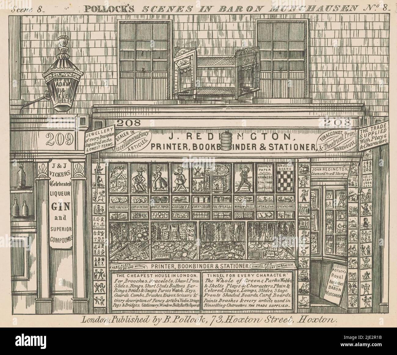 Esposizione della finestra del venditore di stampa ed editore John Redington a Londra, Teatro con scene dal Barone Munchausen (titolo della serie), scene di Pollock in Barone Munchausen (titolo della serie), numerato in alto a destra: No. 8; scena in alto a sinistra 8., creatore di stampa: anonimo, editore: Benjamin Pollock, (menzionato sull'oggetto), c. 1880 - c. 1937, carta, altezza 168 mm x larghezza 216 mm Foto Stock