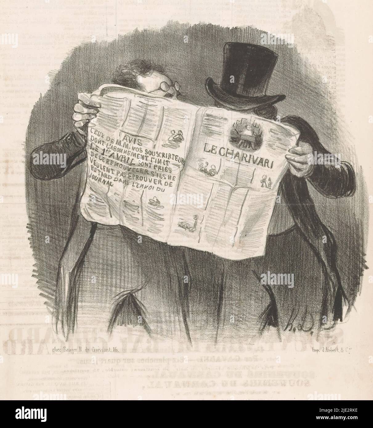 Due uomini che leggono 'le Charivari', testo sul verso., stampatore: Honoré Daumier, (menzionato sull'oggetto), stampatore: Aubert & Cie, (menzionato sull'oggetto), editore: Buger, (menzionato sull'oggetto), Parigi, Apr-1840, carta, altezza 370 mm x larghezza 260 mm Foto Stock