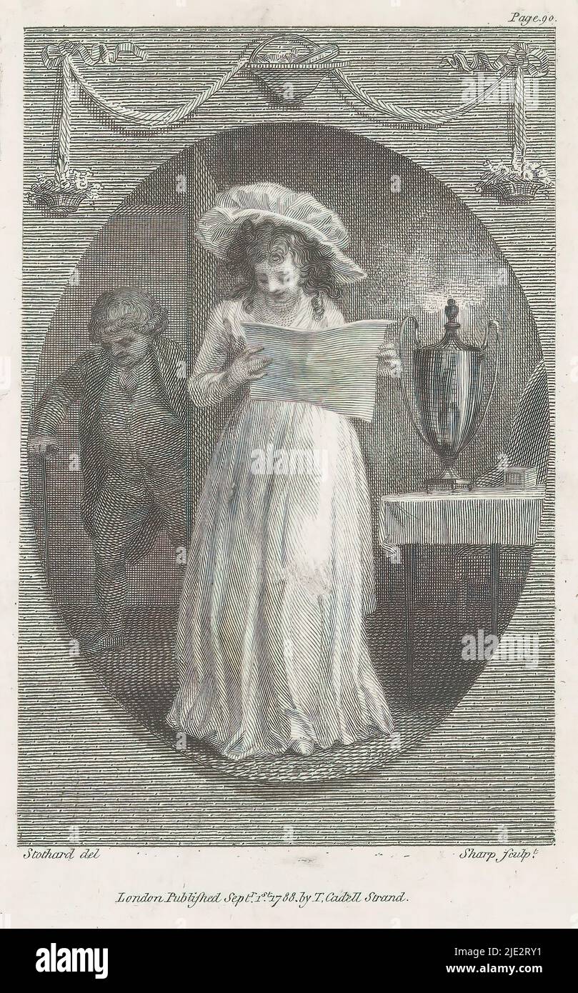 Donna che legge un giornale o un opuscolo, una donna che indossa un cappello sta leggendo un giornale o un opuscolo. Attraverso la porta entra un uomo con una canna. Numerato in alto a destra: Pagina 90., stampatore: William Sharp, (menzionato sull'oggetto), dopo disegno da: Alfred Joseph Stothard, (menzionato sull'oggetto), editore: Thomas Cadell, (menzionato sull'oggetto), Londra, 1788, carta, incisione, incisione, altezza 125 mm x larghezza 80 mm Foto Stock