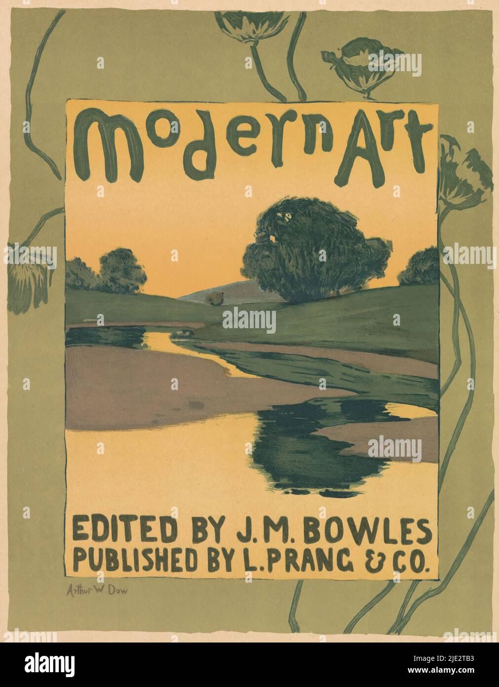 Pubblicità per la rivista Modern Art, Les Maîtres de l'Affiche (titolo della serie sull'oggetto), Paesaggio con un albero riflesso nell'acqua., tipografia: anonimo, dopo disegno di: Arthur Wesley Dow, (menzionato sull'oggetto), Lorilleux, (menzionato sull'oggetto), Parigi, 1895 - 1900, carta, altezza 394 mm x larghezza 283 mm Foto Stock