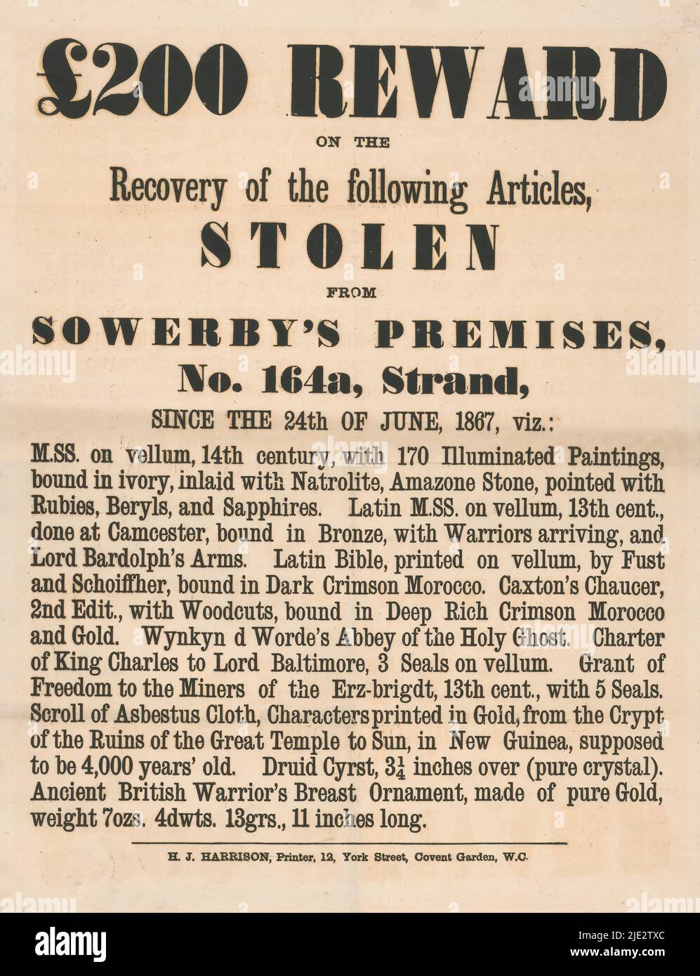 Poster fattura relativa ad un furto presso Sowerby's a Londra, £200 ricompensa per il recupero dei seguenti articoli, rubato presso i locali di Sowerby (titolo in oggetto), stampante: H.J. Harrison, (menzionato in oggetto), Londra, dopo il 24-Jun-1867, carta, stampa su carta intestata, altezza 468 mm x larghezza 372 mm Foto Stock