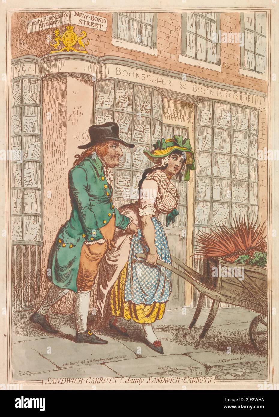 Donna con una carrofila di carote di fronte alla vetrina del negozio del libraio Robert Faulder a Londra, carote Sandwich! Carote panino dainty (titolo sull'oggetto), Una donna che indossa un cappello e un grembiule cammina dietro un carote carote carote carropane. Dietro le sue passeggiate John Montagu, conte di Sandwich. Sullo sfondo, la vetrina del libraio Robert Faulder all'angolo di Little Madox Street e New-Bond Street., tipografia: James Gillray, (menzionato sull'oggetto), editore: Hannah Humphrey, (menzionato sull'oggetto), Londra, Dec-1796, carta, incisione, altezza 358 mm x larghezza 252 mm Foto Stock