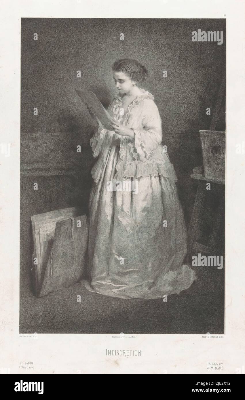 Giovane donna che guarda una stampa o un disegno, Indiscrétion (titolo su oggetto), sul terreno accanto a lei è un portafoglio, dietro di lei un cavalletto., tipografia: Alfred Franois Lemoine, (menzionato su oggetto), dopo la pittura di: Charles Chaplin, (menzionato su oggetto), stampante: Imprimerie Lemercier, (menzionato su oggetto), Parigi, 1862, materiale, altezza 383 mm x larghezza 259 mm Foto Stock