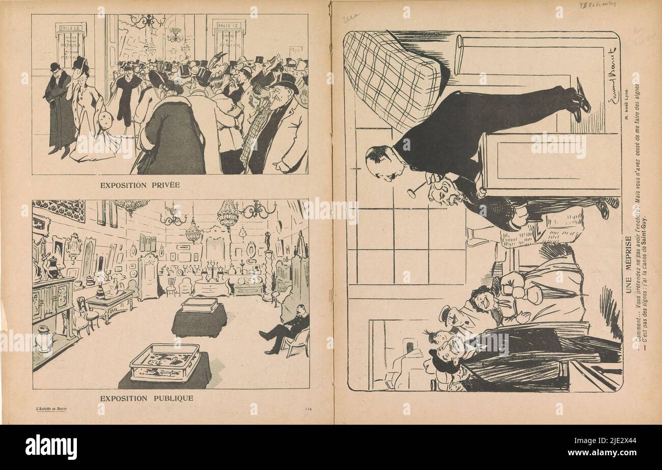 Giorni di visualizzazione, esposizione privata / esposizione pubblica (titolo su oggetto), pagina con due rappresentazioni. Sopra una folla di persone di fronte all'ingresso di una casa d'asta durante una giornata privata di osservazione. Sotto l'interno vuoto di una casa d'asta durante un giorno pubblico di osservazione. Numerato in basso a destra: 114. La stampa fa parte di una rivista., tipografia: anonymous, dopo disegno da: Emmanuel Barcet, stampante: E. Victor, 20-Maggio-1905, carta, altezza 317 mm x larghezza 244 mm Foto Stock