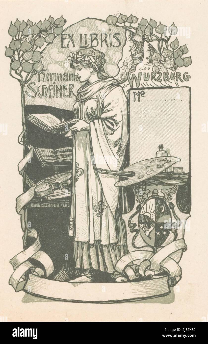 Ex libris di Hermann Scheiner, Muse con le ali e un libro in mano. Accanto a lei un violino, spartiti musicali e una tavolozza di un pittore. Sotto destra, uno stemma., tipografo: anonimo, c. 1920, carta, altezza 138 mm x larghezza 84 mm Foto Stock