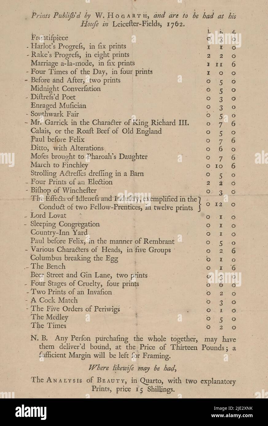 Elenco delle stampe pubblicate da William Hogarth, creatore: William Hogarth, 1762, carta, stampa letteraria, altezza 326 mm x larghezza 204 mm Foto Stock
