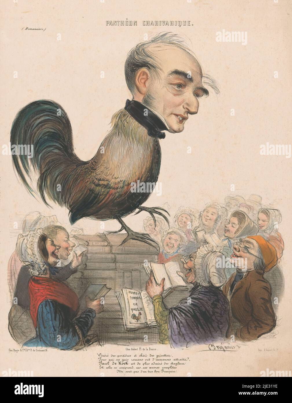 Caricatura di Paul de Kock, caricature di personaggi famosi da le Charivari (titolo della serie), Panthéon Charivarique (titolo della serie su oggetto), il volto dello scrittore francese Paul de Kock è raffigurato sul corpo di un gallo, un riferimento al suo cognome. Si erge su una pila di libri, circondato da uomini e donne sorridenti che leggono dalle sue opere., tipografo: Benjamin, (menzionato sull'oggetto), stampatore: Aubert & Cie, (menzionato sull'oggetto), editore: Buger, (menzionato sull'oggetto), Parigi, c. 1830 - c. 1842, carta, altezza 353 mm x larghezza 271 mm Foto Stock