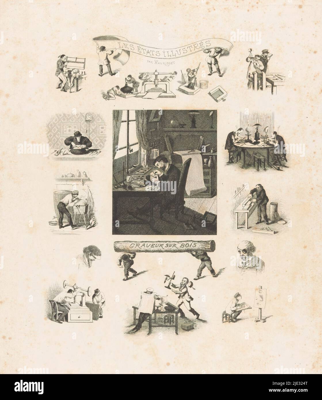 Incisore del legno, Graveur sur bois (titolo sull'oggetto), Les états Illustrés, incisore del legno nella sua officina, circondato da scene più piccole relative alla produzione di incisioni del legno., tipografia: Théodore Maurisset, (menzionato sull'oggetto), 1851, carta, incisione, altezza 270 mm x larghezza 220 mm Foto Stock