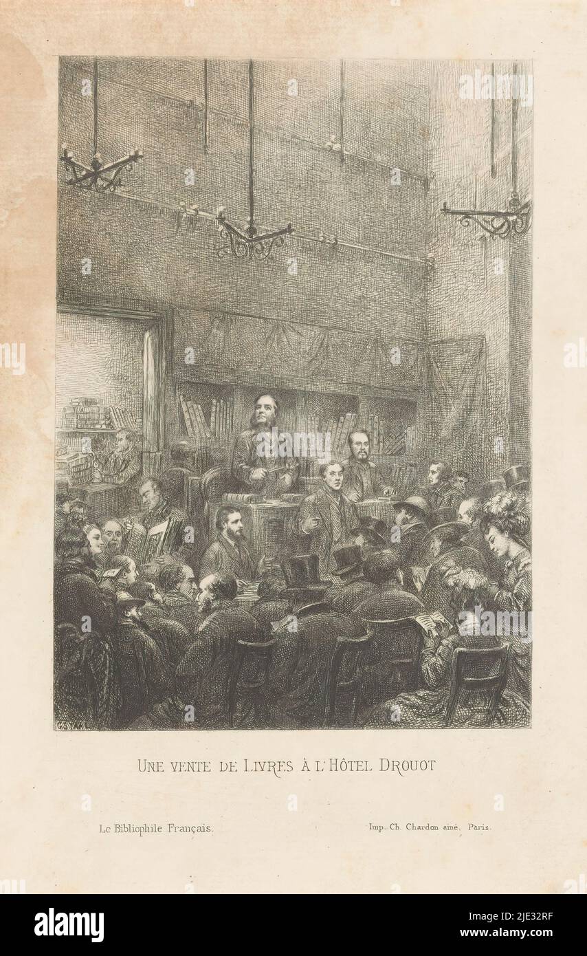 Asta di libri all'Hotel Drouot, une vent de livres à l'Hôtel Drouot (titolo sull'oggetto), interno della sala d'asta, gli acquirenti seduti su sedie o in piedi nella stanza. Al centro il banditore su una piattaforma, alla sua destra un uomo tiene aperto un libro per alcune persone interessate., tipografo: Piere Gustave Eugene Staal, (menzionato sull'oggetto), stampatore: Charles Chardon aîné, (menzionato sull'oggetto), editore: Imprimerie Bachelin-Deflorenne, Parigi, 1862 - 1874, carta, incisione Foto Stock
