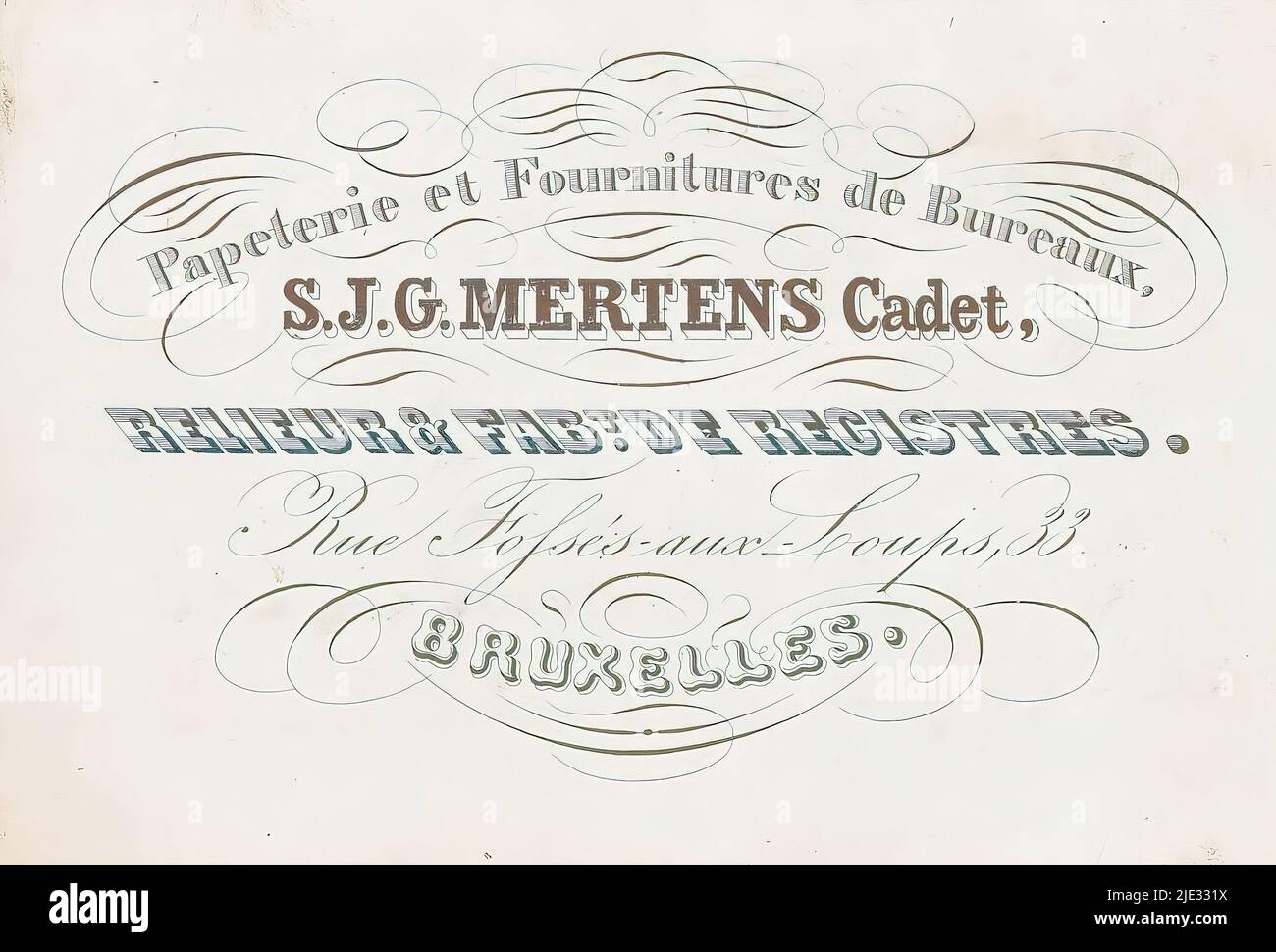 Biglietto da visita del negozio di carta e cancelleria S.J.G. Mertens Cadet a Bruxelles, tipografo: anonimo, stampatore: anonymous, 1825 - 1890, materiale, altezza 64 mm x larghezza 95 mm Foto Stock