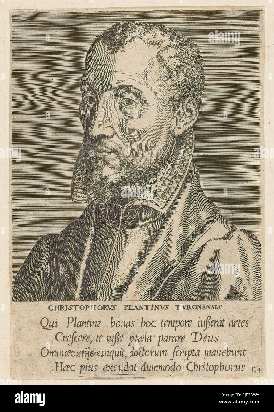 Ritratto di Christopher Plantin, Christophorus Plantinus Turonensis (titolo sull'oggetto), Ritratti di famosi studiosi europei (titolo della serie), virorum doctorum de disciplinis benemerentium effigies (titolo della serie), Ritratto di Christopher Plantin, stampante ed editore ad Anversa. Busto a sinistra. Numerato E4. La stampa ha una didascalia latina ed è parte di una serie di famosi studiosi europei., tipografia: Philips Galle, Benedictus Arias Montanus, editore: Philips Galle, Anversa, 1572, carta, incisione, altezza 177 mm x larghezza 122 mm Foto Stock