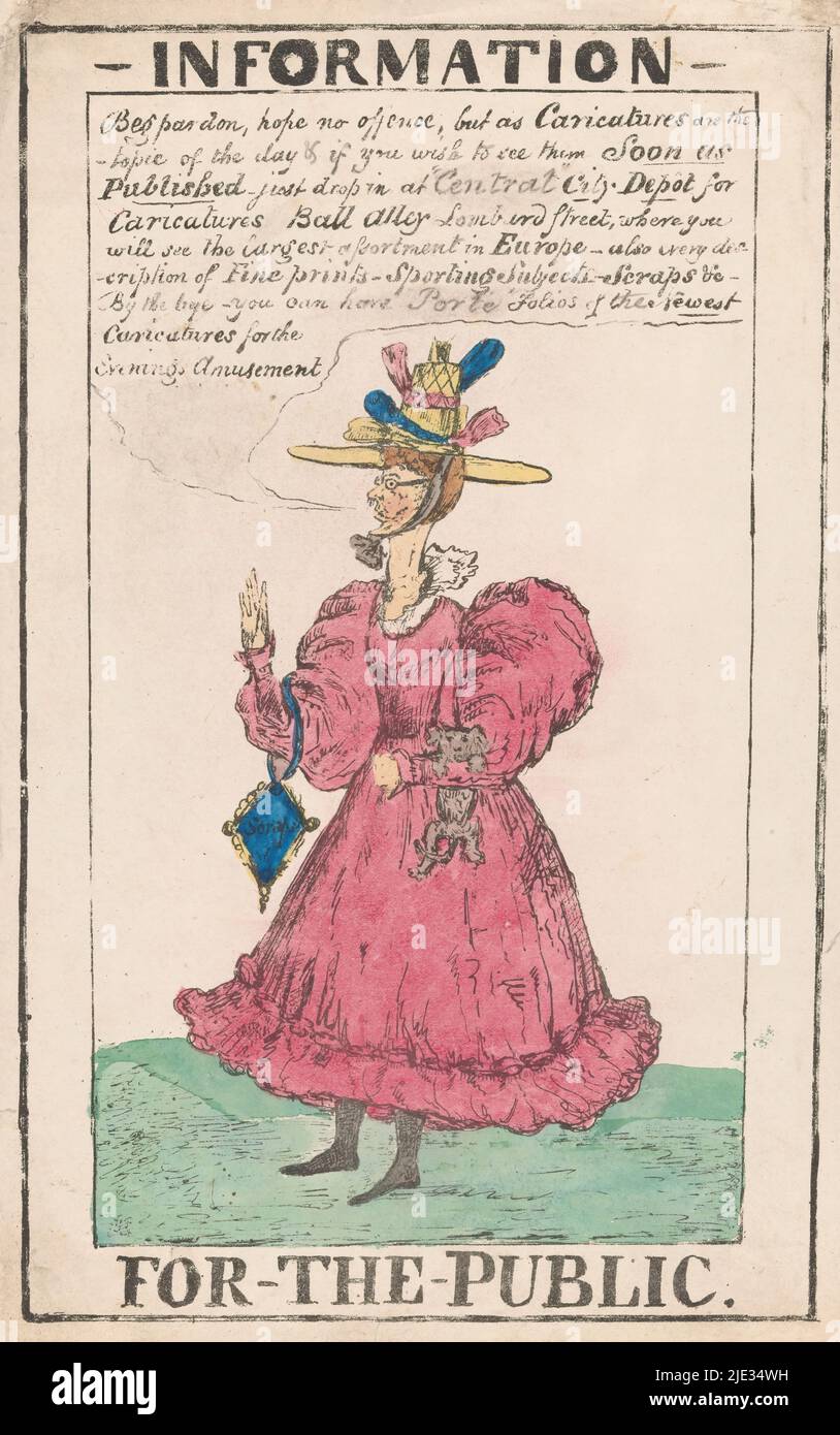 Caricatura di una donna, informazione per il pubblico (titolo sull'oggetto), caricatura di una donna, possibilmente un uomo vestito, in un vestito rosa con un cappello sulla sua testa. Sotto il suo braccio destro una borsa e sotto il suo braccio sinistro un cane lap., stampatore: anonimo, c. 1850, carta, altezza 379 mm x larghezza 237 mm Foto Stock