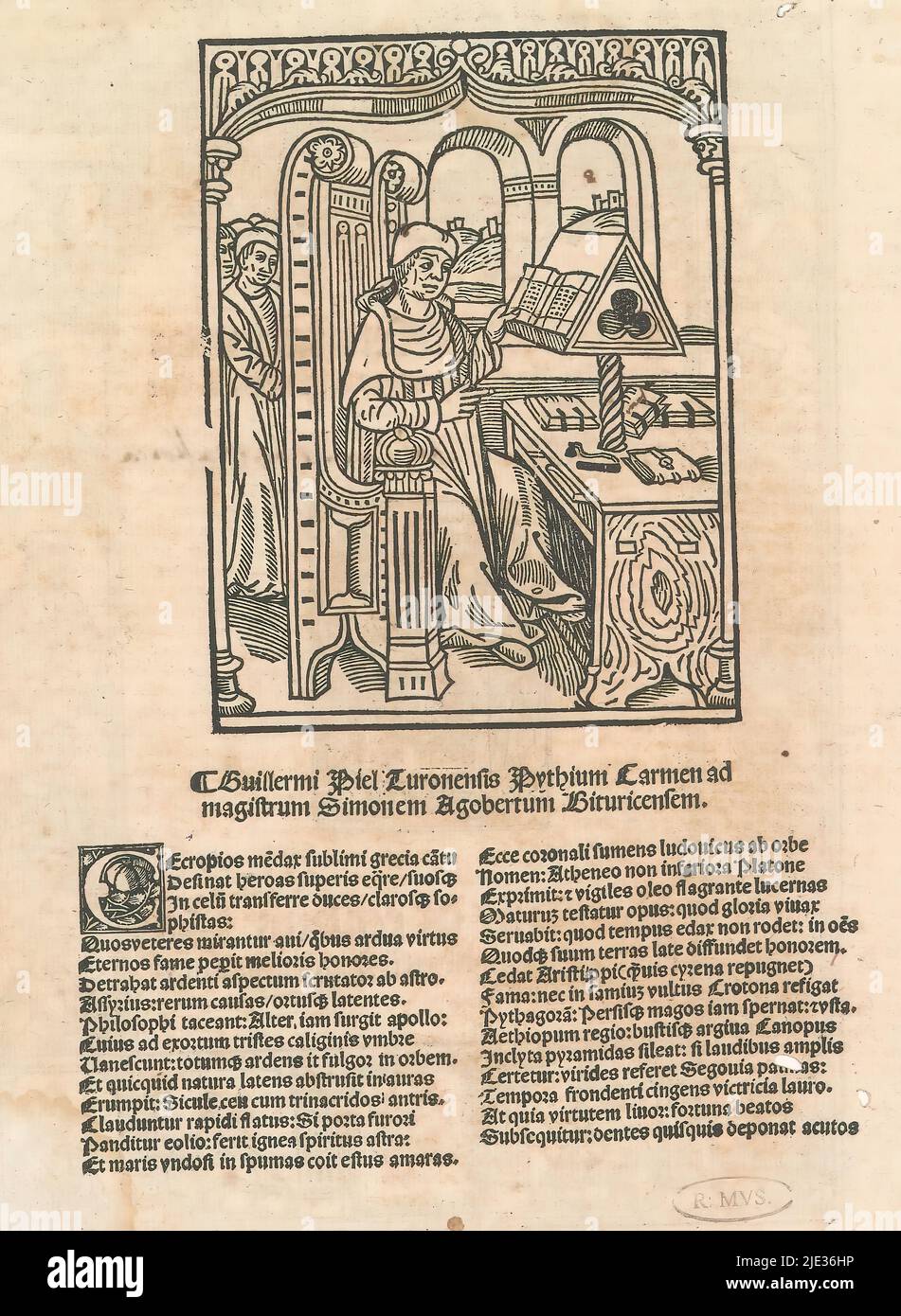 Studioso nella sua stanza di studio, tipografo: anonimo, stampatore: Simon Vincent, (menzionato sull'oggetto), Lione, 1511, carta, stampa tipografica, altezza 253 mm x larghezza 181 mm Foto Stock