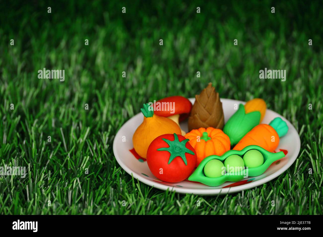 Modello in miniatura di verdure colorate disposte su un piatto bianco Foto Stock