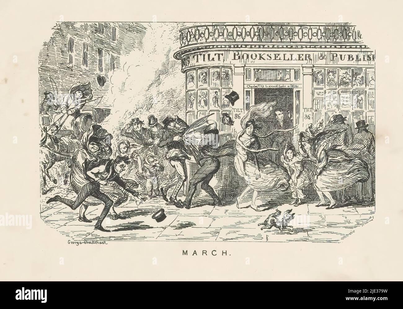 Marzo, marzo (titolo su oggetto), vista di Fleet Street con la vetrina del negozio di editore e del rivenditore di libri e stampe Charles Tilt all'angolo di Fleet Street e Bride Lane. I passanti sono stellati da un forte busto di vento., tipografo: George Cruikshank, (menzionato sull'oggetto), editore: Charles Tilt, Londra, 1834, carta, incisione, altezza 89 mm x larghezza 124 mm Foto Stock