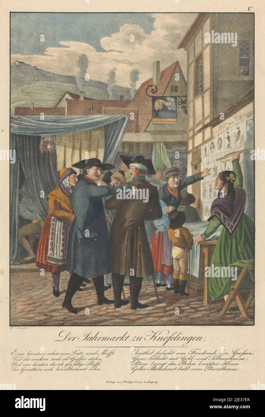 Print-seller presso il mercato annuale di Knofelingen, Der Jahrmarkt zu Knofelingen (titolo sull'oggetto), tipografo: Kluge, (menzionato sull'oggetto), dopo disegno di: Christian Gottfried Heinrich Geissler, (menzionato sull'oggetto), editore: Philipp Lenz, (menzionato sull'oggetto), Lipsia, c. 1830, carta, altezza 383 mm x larghezza 283 mm Foto Stock