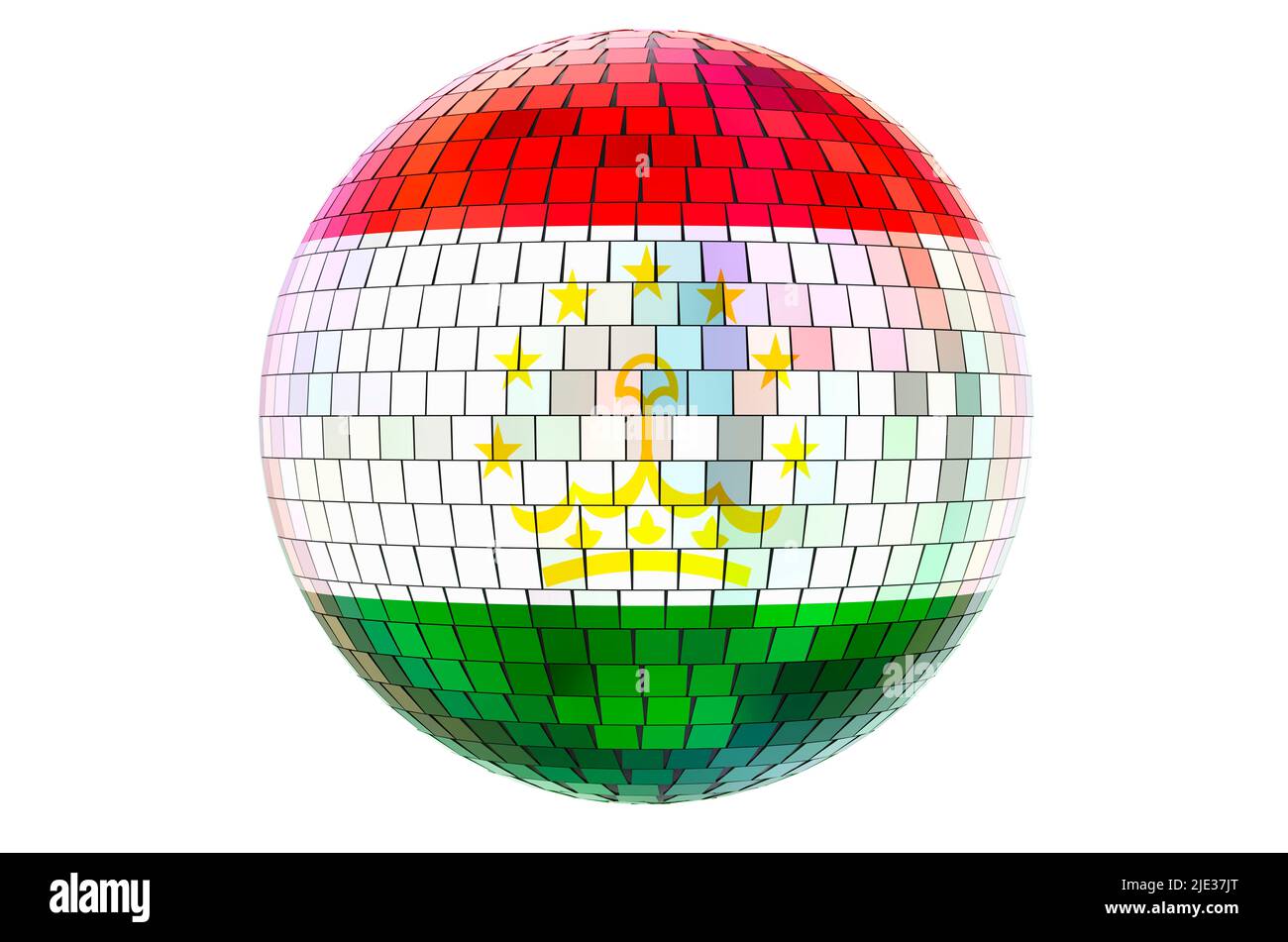 Palla da discoteca a specchio con bandiera Tajik, 3D rendering isolato su sfondo bianco Foto Stock