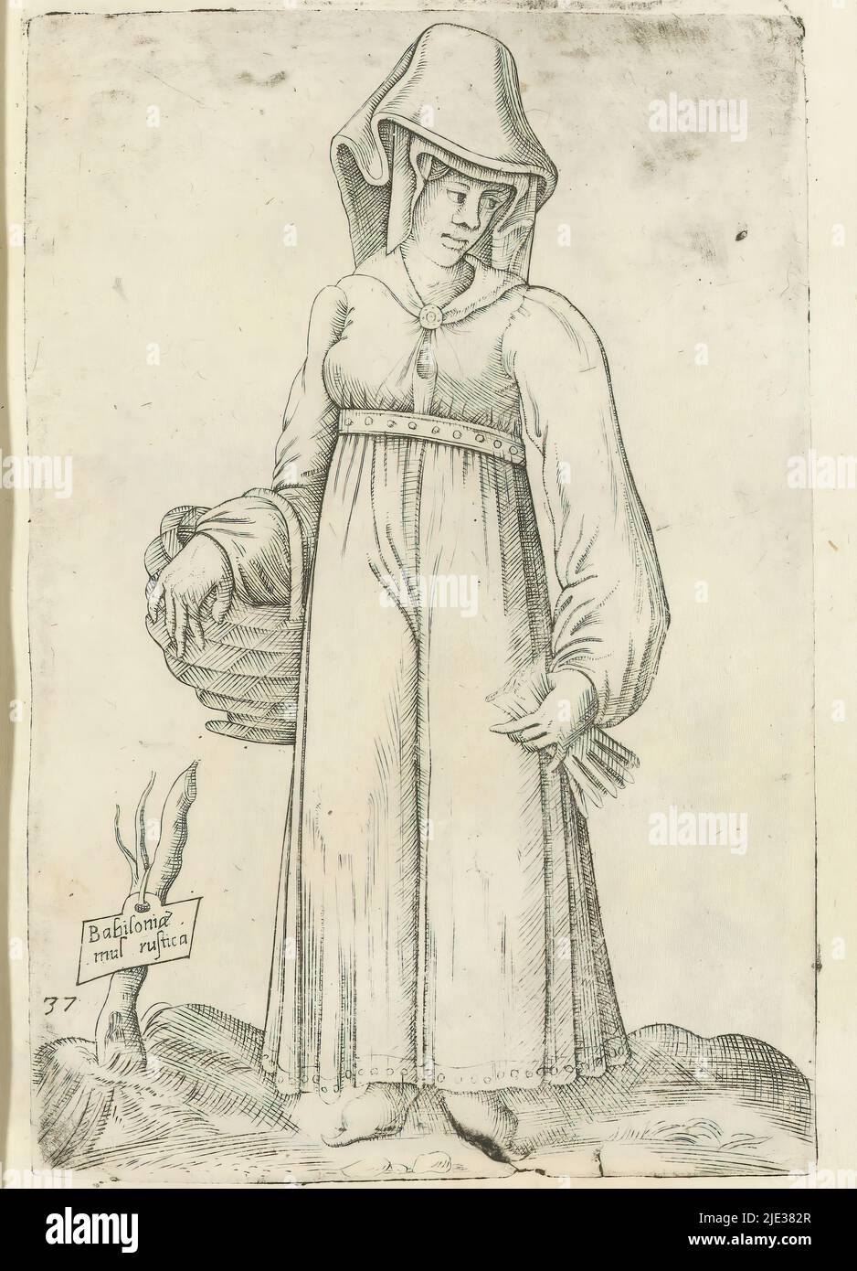 Donna contadina babiloniana, Babiloniae mul rustica (titolo sull'oggetto), Omnium fere gentium nostrae aetatis habitus, nunquam ante hac aediti (titolo della serie), donna contadina babiloniana o donna della terra. Parte del libro del costume intitolato 'Omnium fere gentium nostrae aetatis habitus, nunquam ante hac aediti', Venezia 1569. Ristampa dal 1569 della prima edizione del 1563., tipografo: Ferando Bertelli, editore: Ferando Bertelli, Venezia, 1569, paper, incisione, altezza 265 mm x larghezza 195 mm, altezza 150 mm x larghezza 105 mm Foto Stock