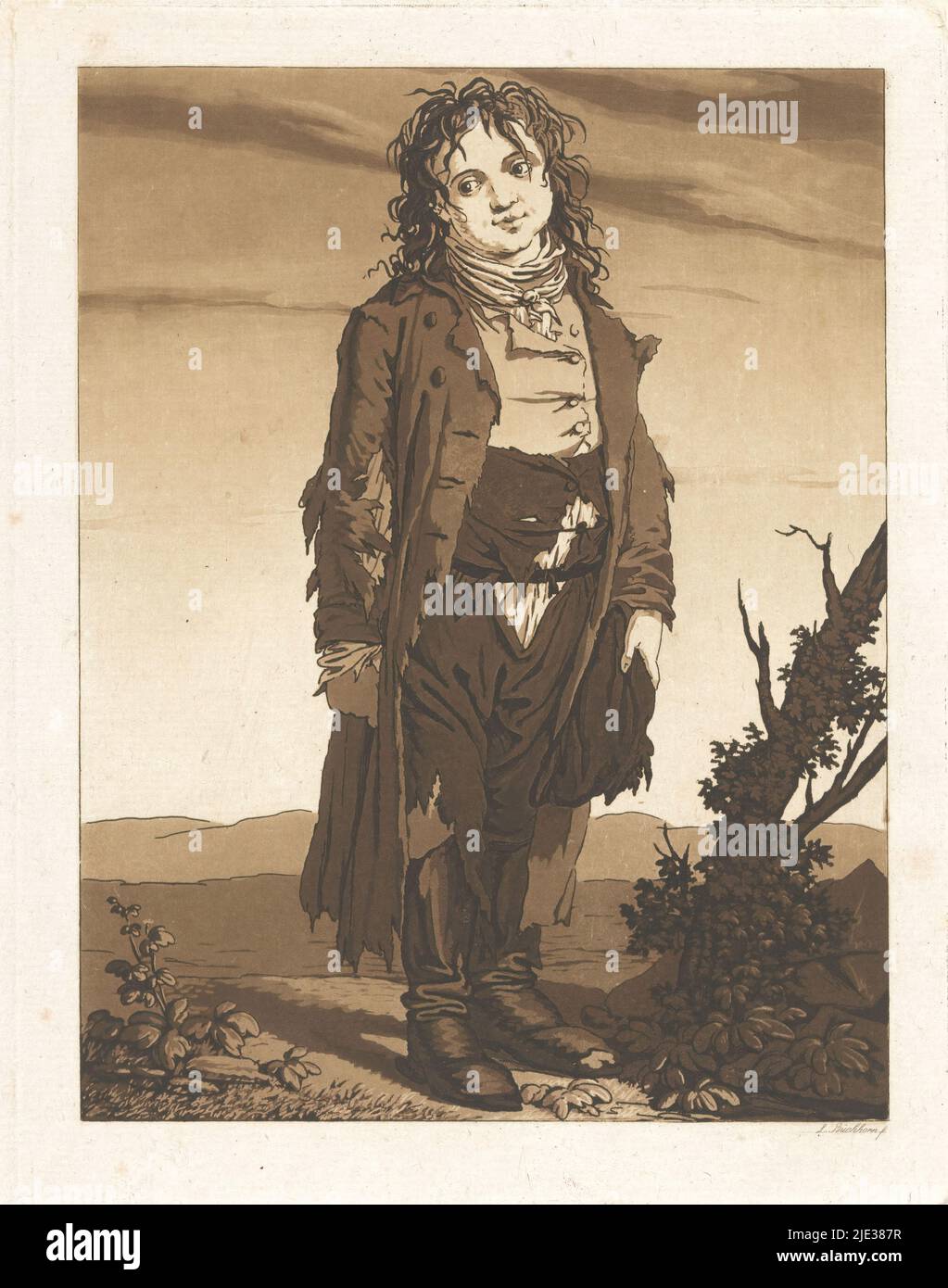 Il figlio di Beggar, il figlio di Beggar, in piedi in un paesaggio, guardando a sinistra. Uno da una serie di quattro da una serie di dodici stampe originali., tipografo: Ludwig Buchhorn, (menzionato sull'oggetto), Germania, c.. 1813 - c. 1815, carta, incisione, altezza 252 mm x larghezza 196 mm Foto Stock