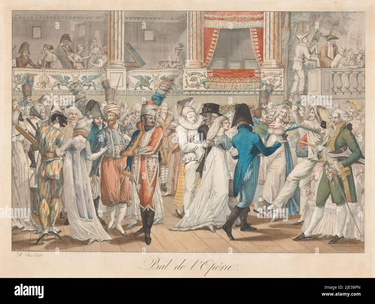 Palla in costume, Bal de l'Opéra (titolo sull'oggetto), Cinq tableaux de Costumes Parisiens (titolo della serie), tipografo: anonimo, dopo disegno di: Jean Franois Bosio, (menzionato sull'oggetto), Francia, 1804, carta, incisione, altezza 363 mm x larghezza 486 mm, altezza 311 mm x larghezza 457 mm Foto Stock