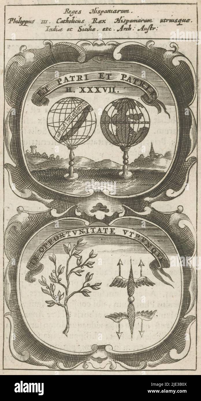 Globe e Armillarium / ramo d'olivo e fulmine di Giove, et Patri et Patriae / in Opportunitate Utroque (titolo sull'oggetto), Symbola Divina et Humana Pontificum Imperatorum Regum (titolo della serie), emblema con due rappresentazioni. Sopra un paesaggio con un globo armillare e mondo. Sotto un ramo di ulivo e un fulmine alare di Giove. Queste sono valute di Philip III., stampatore: anonimo, dopo la stampa da: Aegidius Sadeler (II), 1666, carta, incisione, stampa della tipografia, altezza 123 mm x larghezza 67 mm Foto Stock