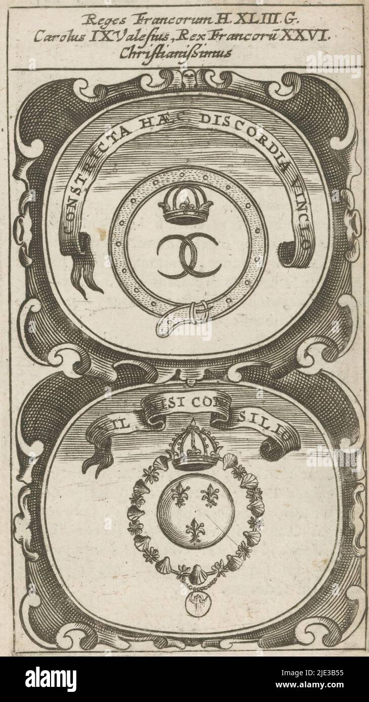 Coronato monogramma CC in una garter / catena dell'Ordine di San Michele, Constritta Haec Discordia Vinclo / Nil Nisi Consilio (titolo sull'oggetto), Symbola Divina et Humana Pontificum Imperatorum Regum (titolo della serie), emblema con due rappresentazioni. Sotto un monogramma coronato CC in una garter. Sotto una catena coronata dell'Ordine di San Michele contenente un cerchio con tre gigli francesi. Questi sono la valuta del re Carlo IX di Francia., creatore di stampa: anonimo, dopo la stampa da: Aegidius Sadeler (II), 1666, carta, incisione, stampa della tipografia, altezza 119 mm x larghezza 68 mm Foto Stock