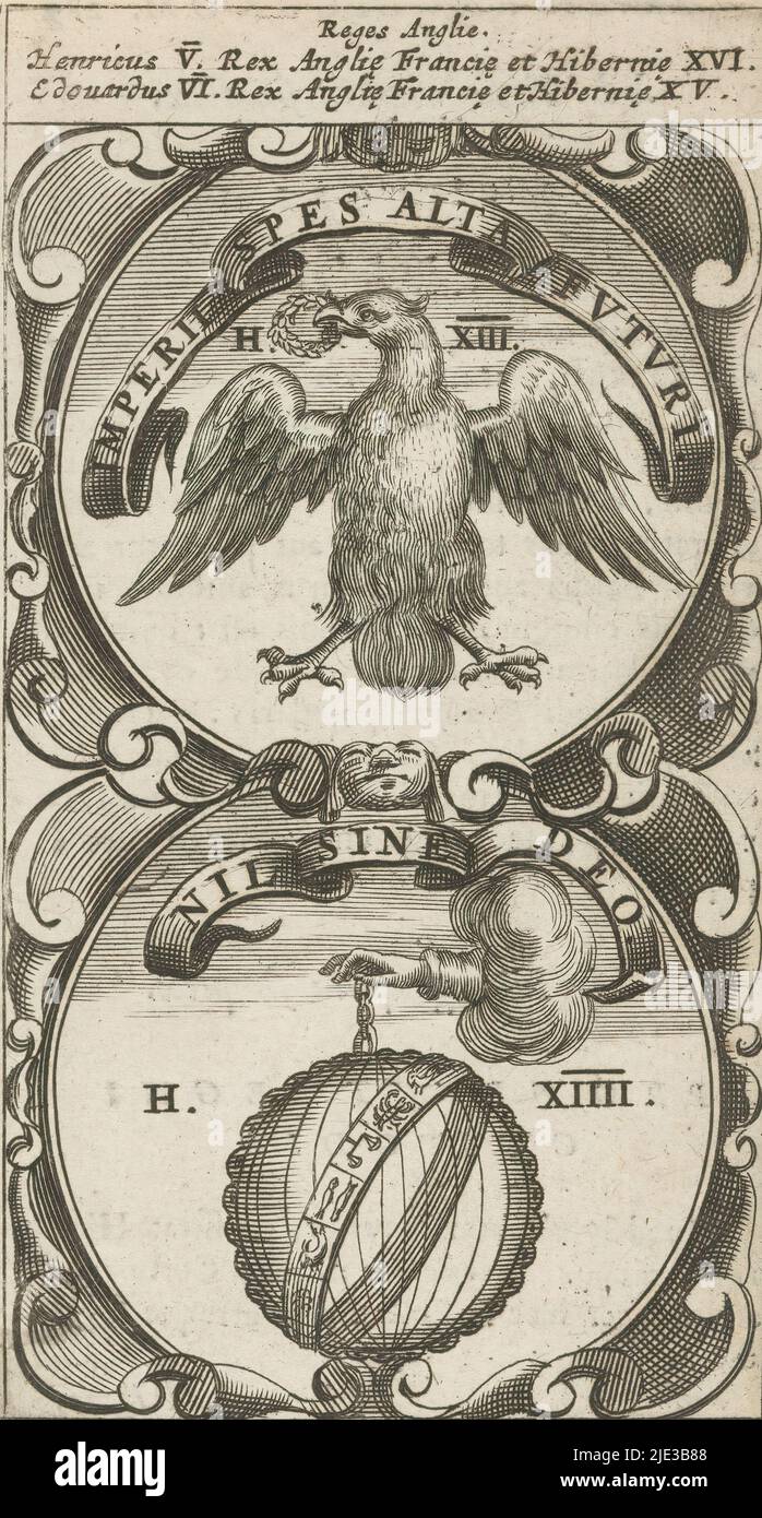 Aquila con corona di alloro / mano nelle nuvole con armillare, Imperii Spes alta Futuri / Nil Sine Deo (titolo sull'oggetto), Symbola Divina et Humana Pontificum Imperatorum Regum (titolo della serie), un emblema con due rappresentazioni. Sopra un'aquila con le ali sparse e una corona di alloro nel suo becco. Sotto una mano nelle nuvole. Appeso ad una catena è un armillare con uno zodiaco. Queste sono le valute di Enrico V ed Edoardo VI dell'Inghilterra., creatore di stampa: anonimo, dopo stampa da: Aegidius Sadeler (II), 1666, carta, incisione, stampa della pressa del letterato, altezza 117 mm x larghezza 64 mm Foto Stock